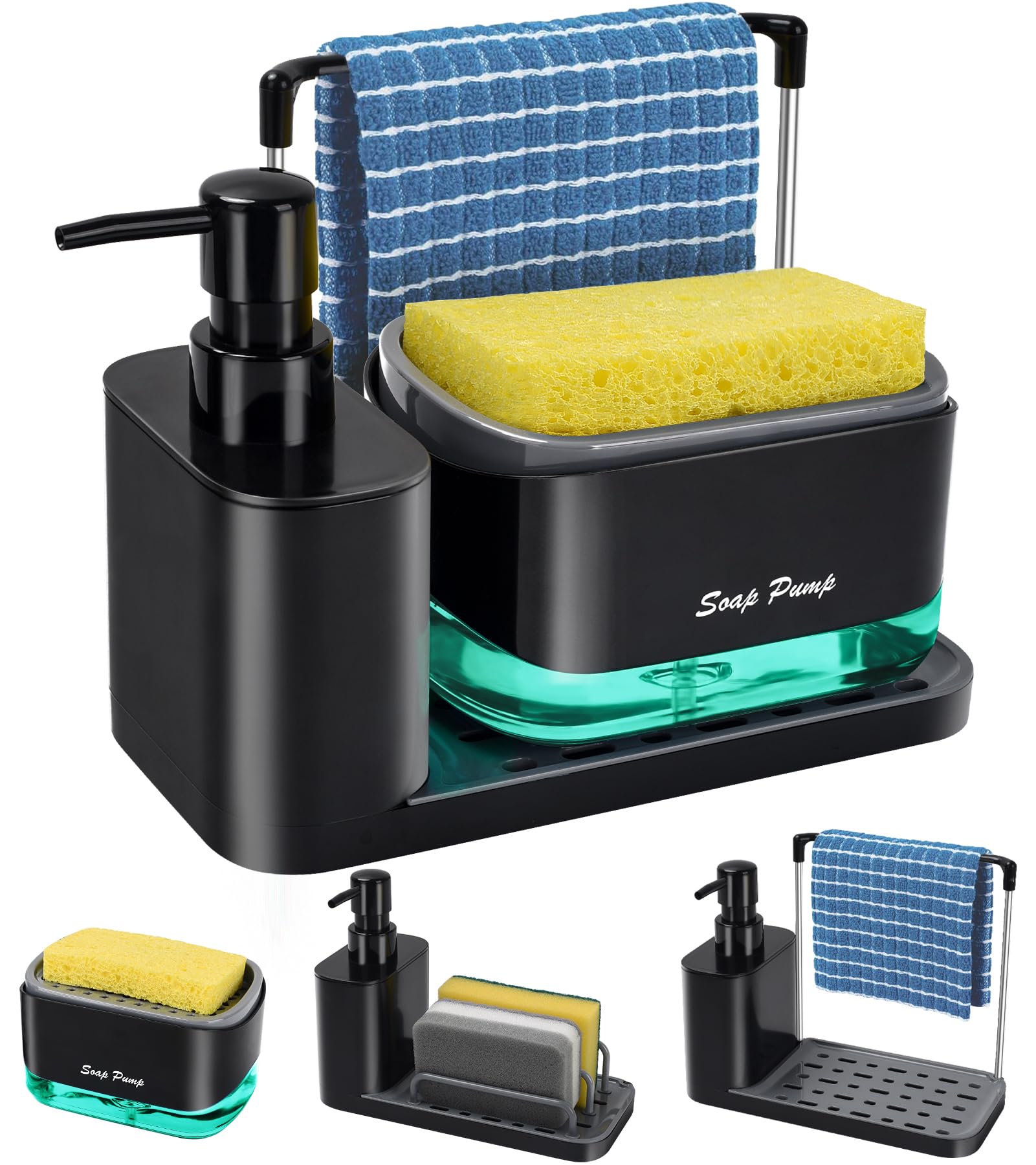 Kitchen Soap Dispenser Set With Tray And Sponge Holder, Dish And Hand Soap Dispenser With Dishcloth Holder 5-In-1 Kitchen Sink C