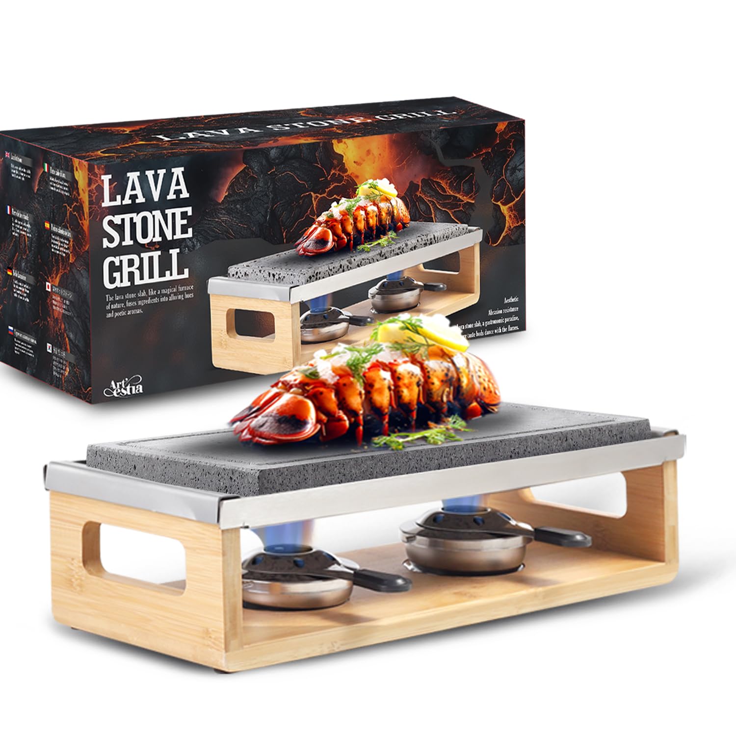 Artestia Steak Lava Stone Table Grill for Meat with Bamboo Stand, Smokeless BBQ Grill Outdoor with Fast Heating Natural Lava Coo