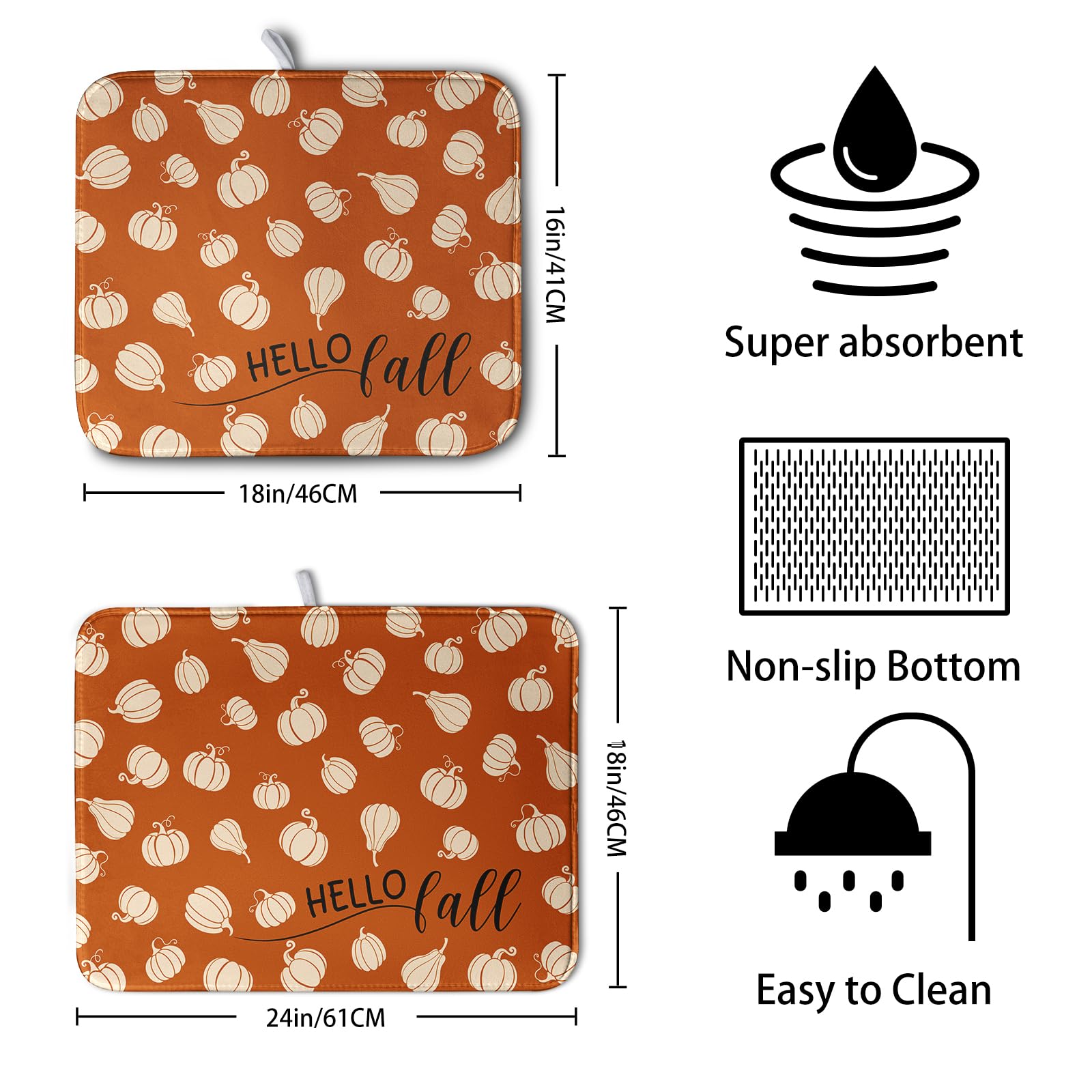 Kwlegh Hello Fall Drying Mat for Kitchen Counter Autumn Orange Pumpkin Dry Dish Mat Thanksgiving Absorbent Microfiber Dish Drain