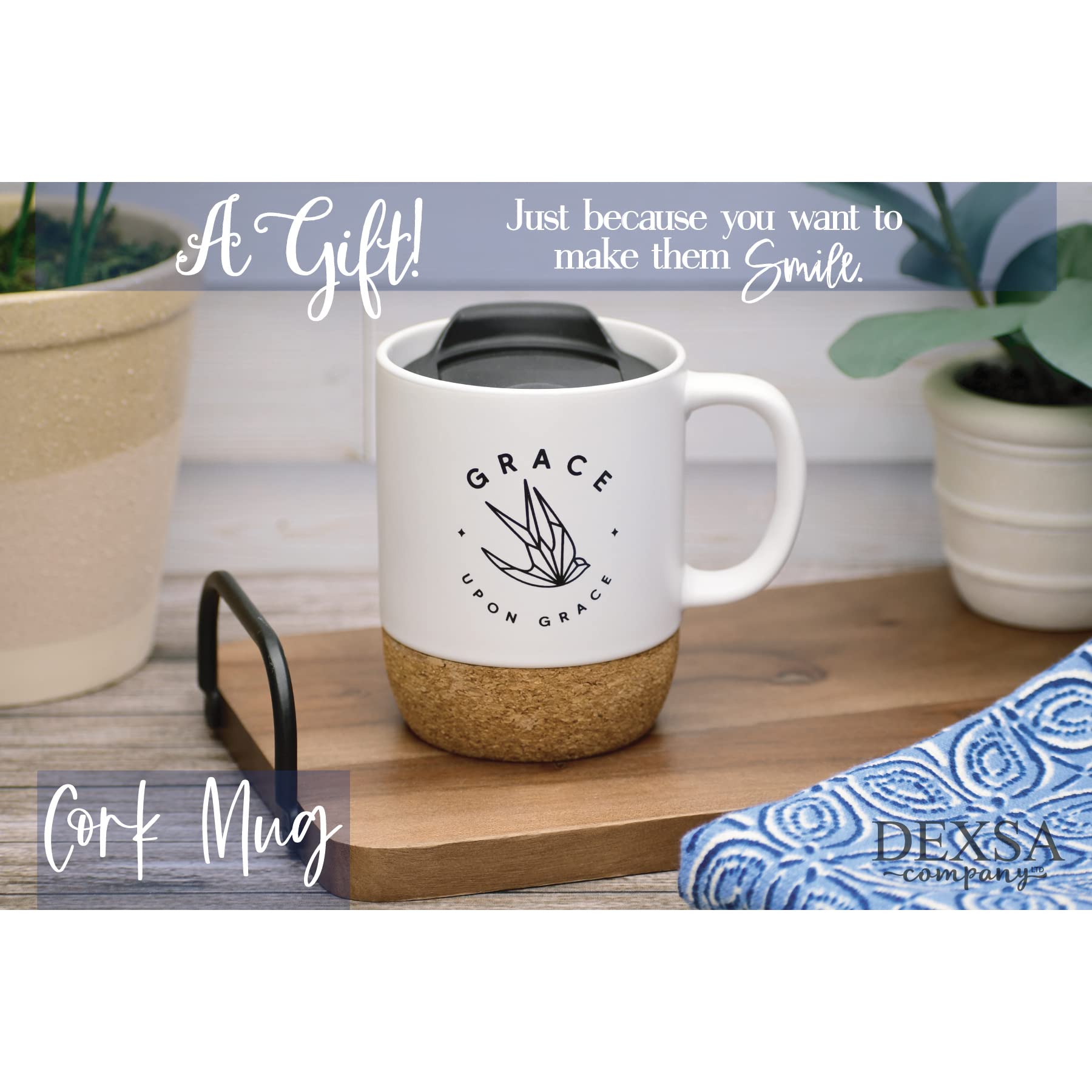 Ceramic Designer Coffee Mug | Grace upon Grace | Holds 14 ounces | Cork Bottom with Lid | Great for Coffee, Tea, Soups, Hot Choc