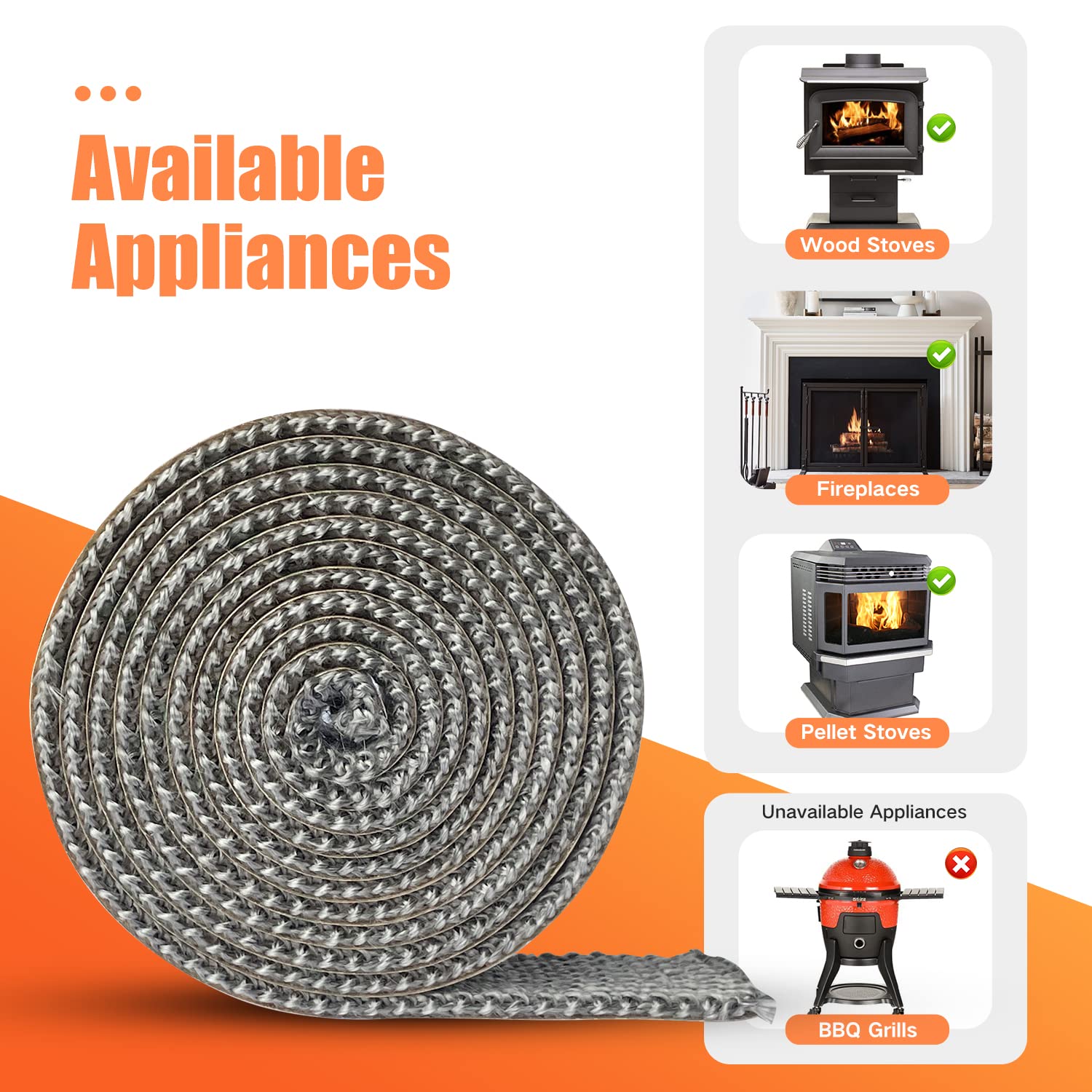 Stove Gasket Tape, Self Adhesive Flat Gasket For Stoves And Fireplaces, 1'' Width 72'' Length, High Temperature Fiberglass Flat