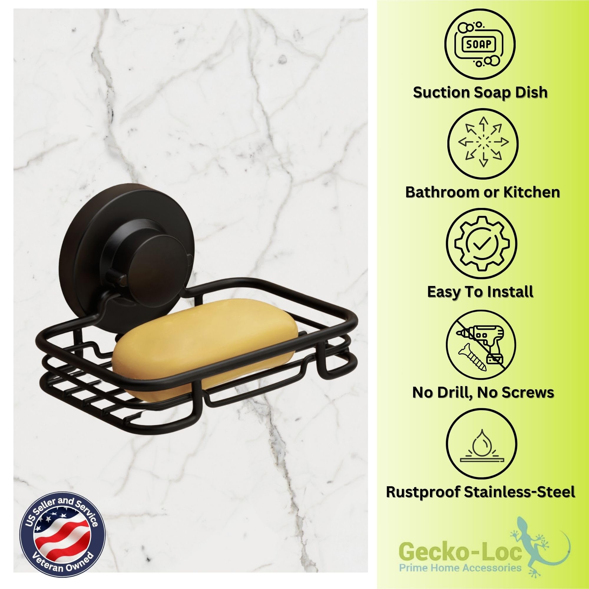Gecko-Loc Soap Dish Suction Mounting Bath Soap Bar Holder For Bathroom, Metal Bath Shower Bathtub Wall Tile Or Kitchen Sink Soap