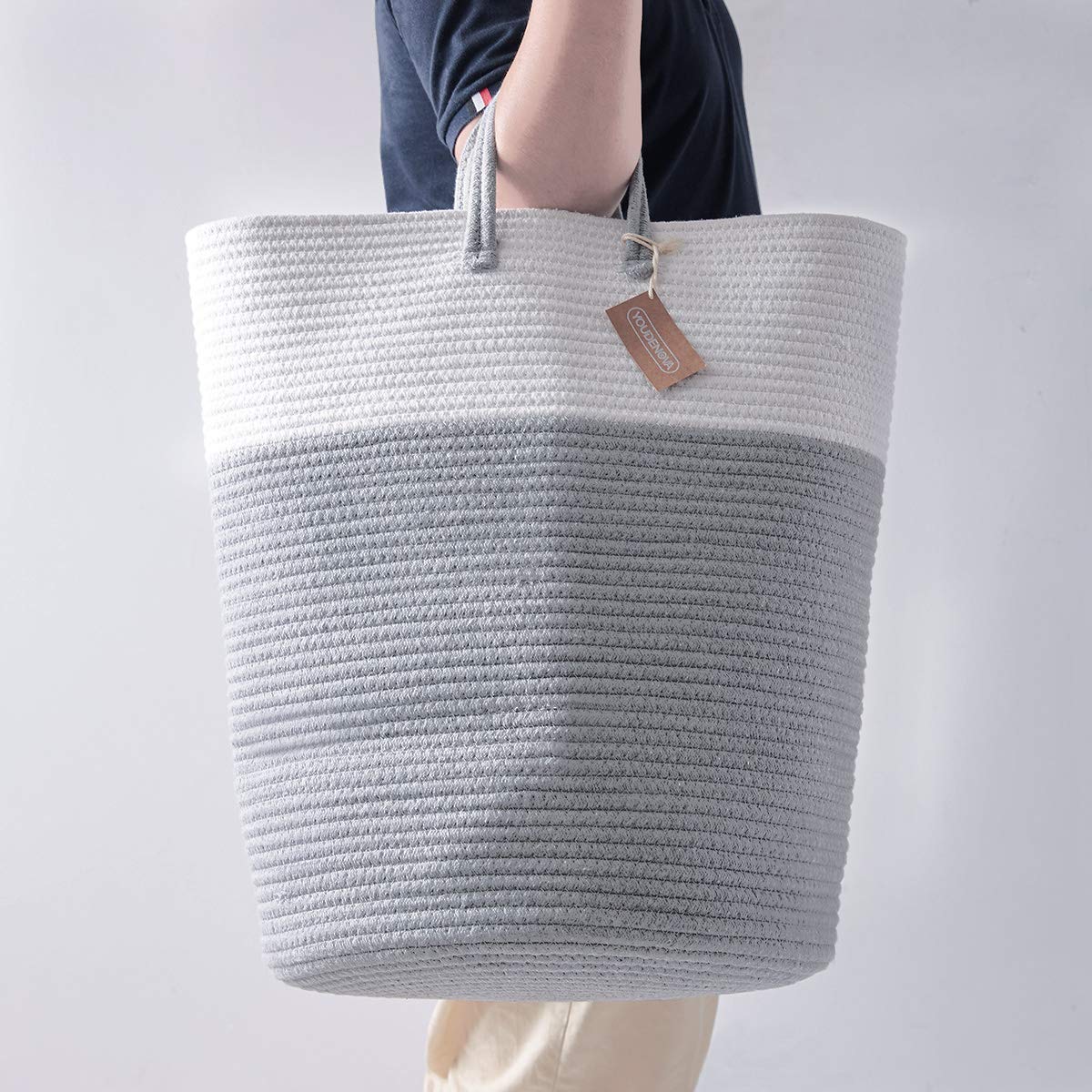 cotton Rope Laundry Hamper by YOUDENOVA  58L - Woven collapsible Laundry Basket - clothes Storage Basket for Blankets  Laundry Room Organizing  Bedroom Storage  clothes Hamper - grey & White