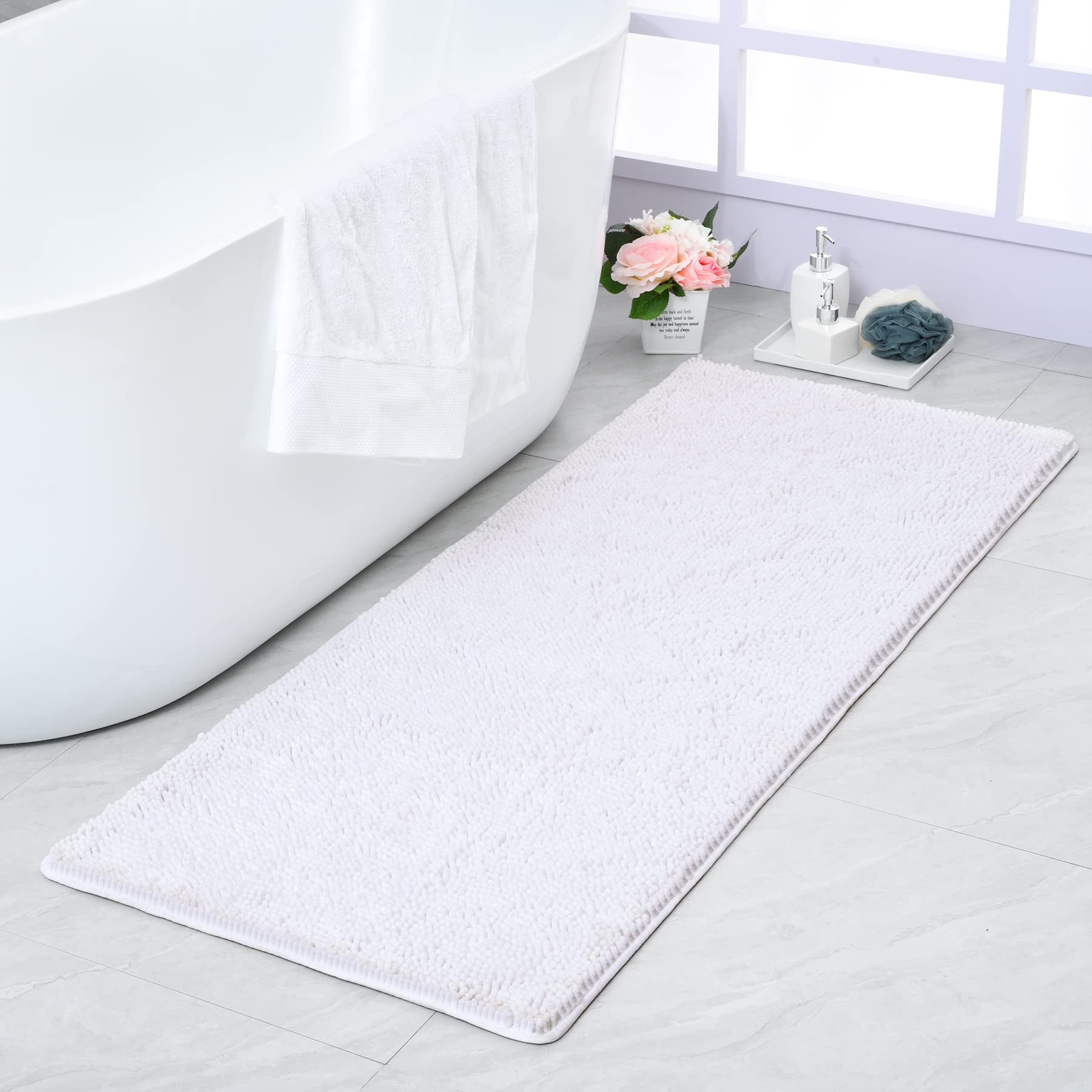 Noahas White Long Bathroom Rugs Runner 24''X60'',Absorbent Bath Mats For Bathroom Non-Slip,Washable Carpet,Soft Plush Chenille S