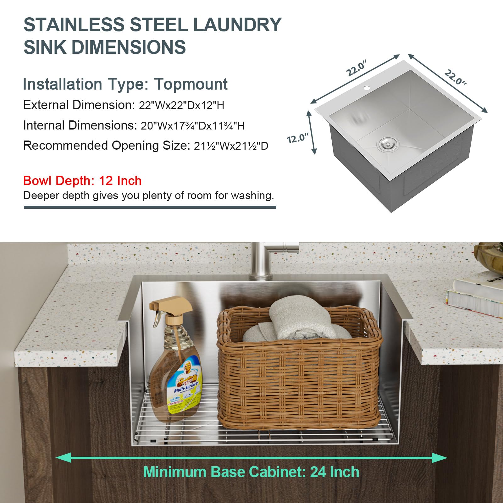 Lordear Drop In Laundry Sink 22X22X12 Deep Utility Sink Drop-In Topmount Single Bowl Sink 16 Gauge Stainless Steel Laundry Room