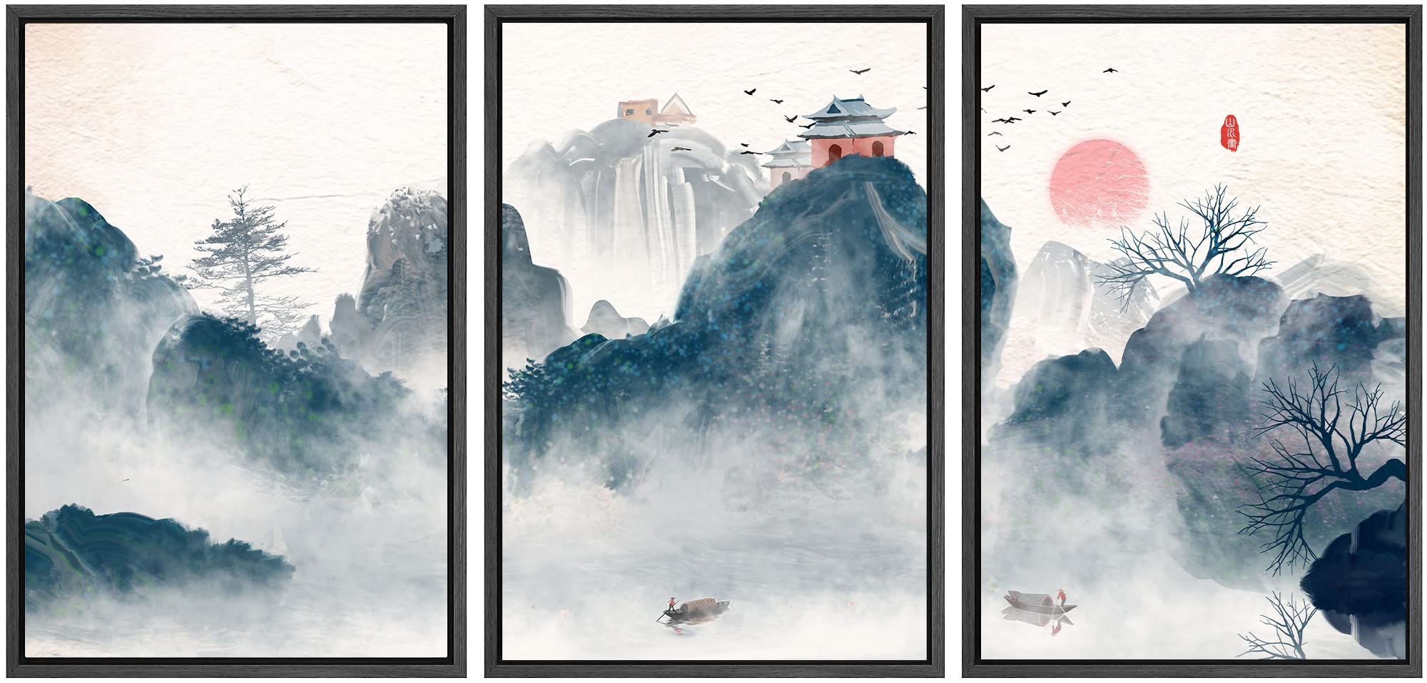 Signwin 3 Piece Framed Canvas Wall Art Zen Canvas Prints Home Artwork Decoration For Living Room,Bedroom - 24''X36''X3 Black