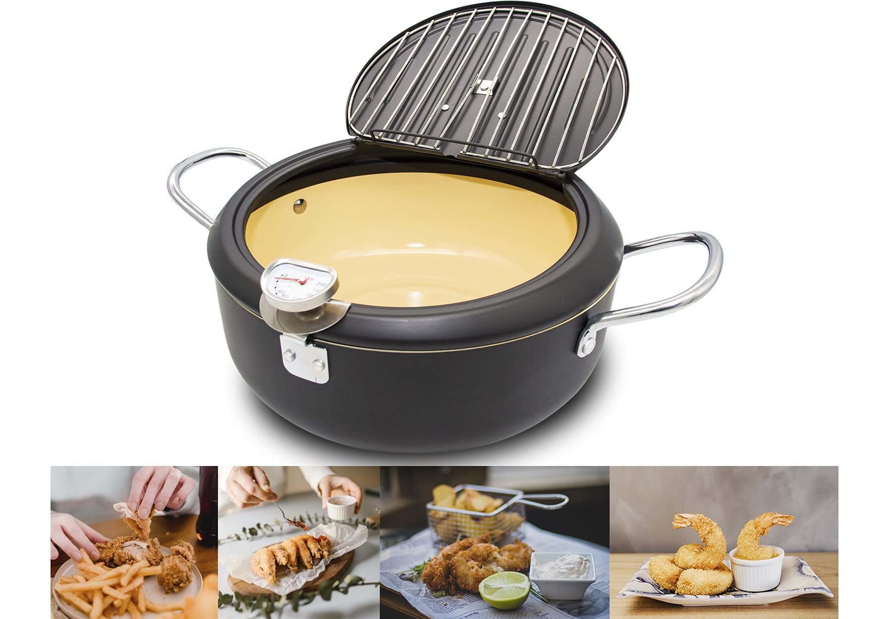 Cyrder Japanese Deep Fryer Pot With Fahrenheit Thermometer 3.5L- Nonstick Coating Fryer, Fried Tempura/Chicken/Fish/Shrimp/Meat