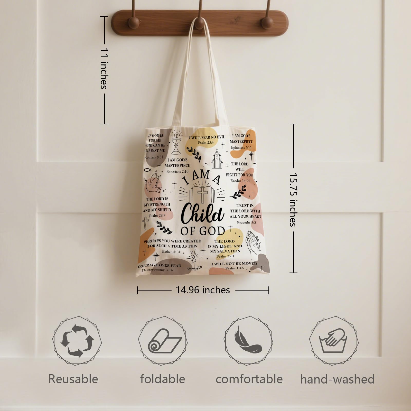 Ialtsidws Christian Aesthetic Canvas Tote Bag - I Am A Child of God & Bible Verse Print | Zippered Inner Pocket & Magnetic Sna
