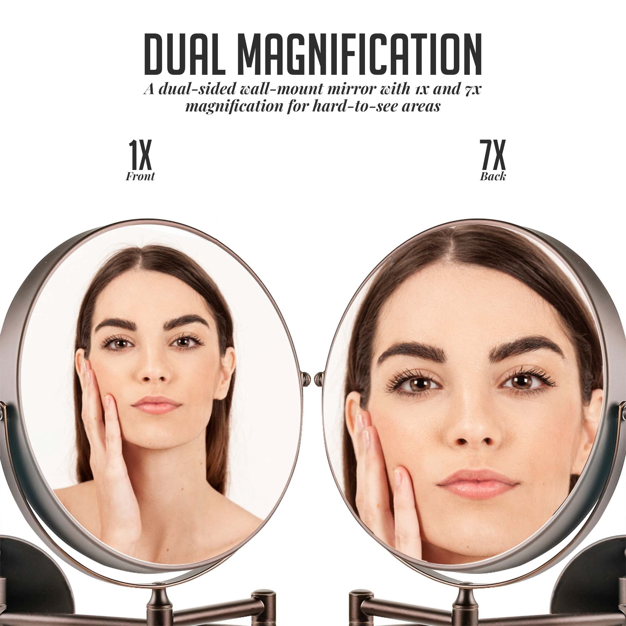 Ovente 9'' Wall Mounted Makeup Mirror - 1X/ 7X Magnification, Rotating 360-Degree, Double-Sided, Extendable & Folding Arm, Clear