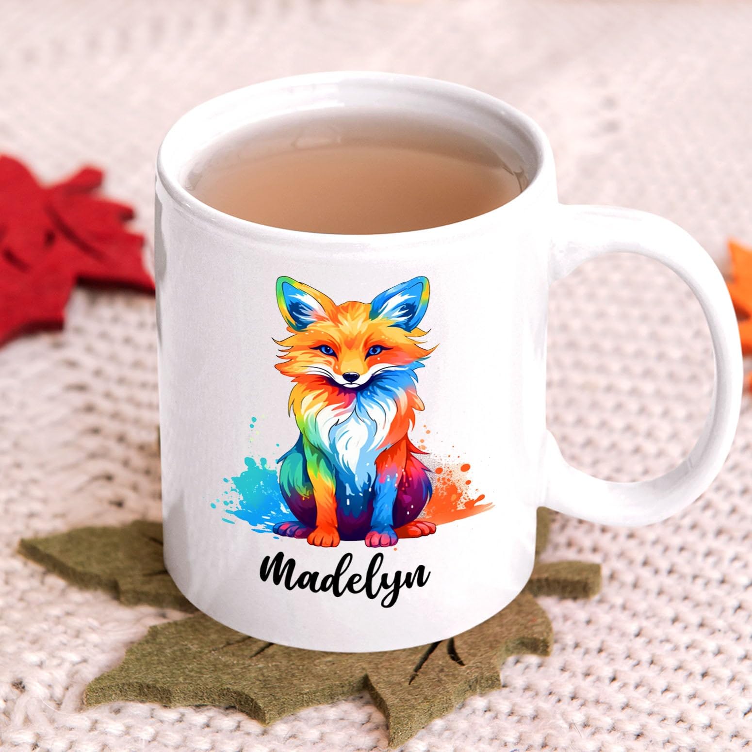Personalized Fox White Coffee Mug With Choose Name, Fox Animal Lover Ceramic Tea Cup 11 15 Oz, Custom Fox Color Coffee Cup Gift