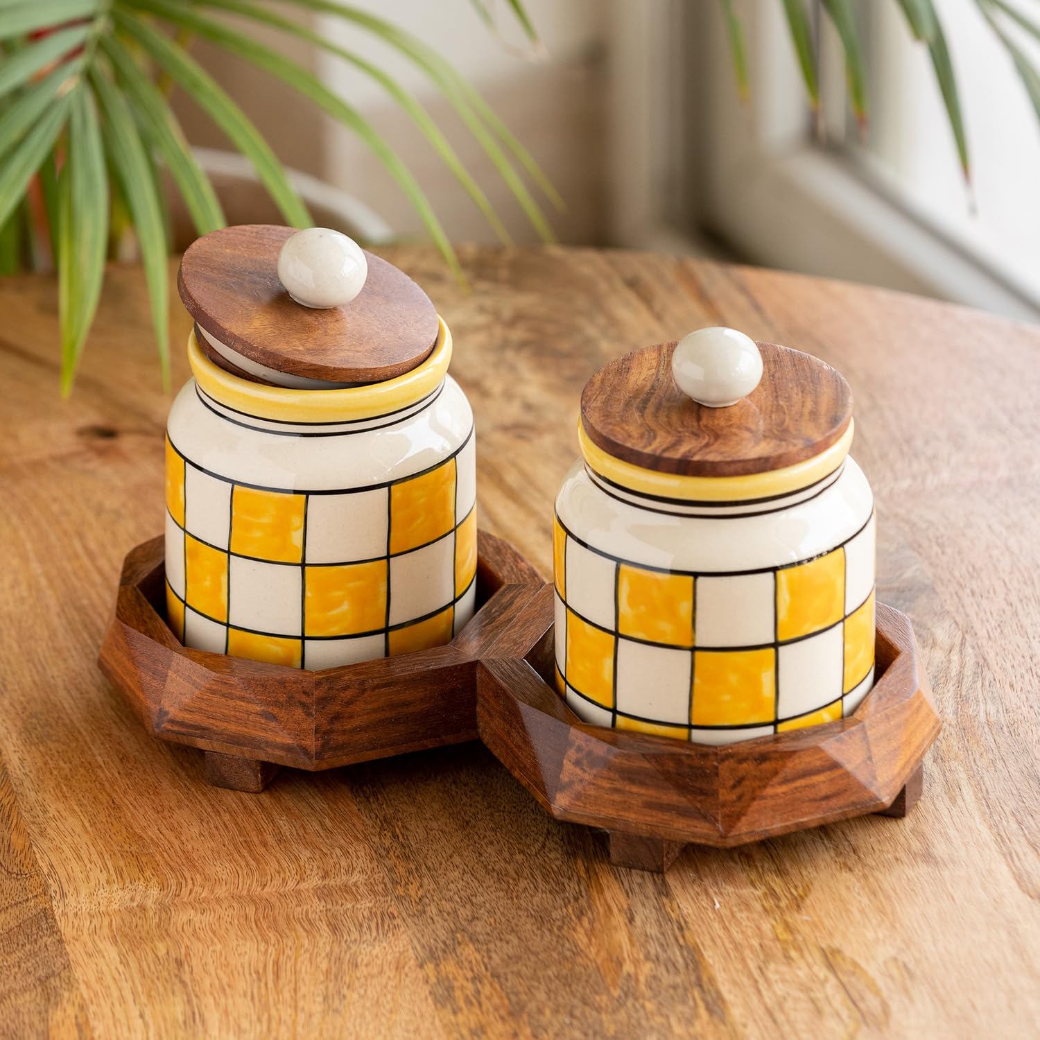 Exclusivelane Shatranj Checkered Ceramic Containers With Lid & Tray (Airtight, Set Of 2, 440 Ml) | Multi Utility Kitchen Conta