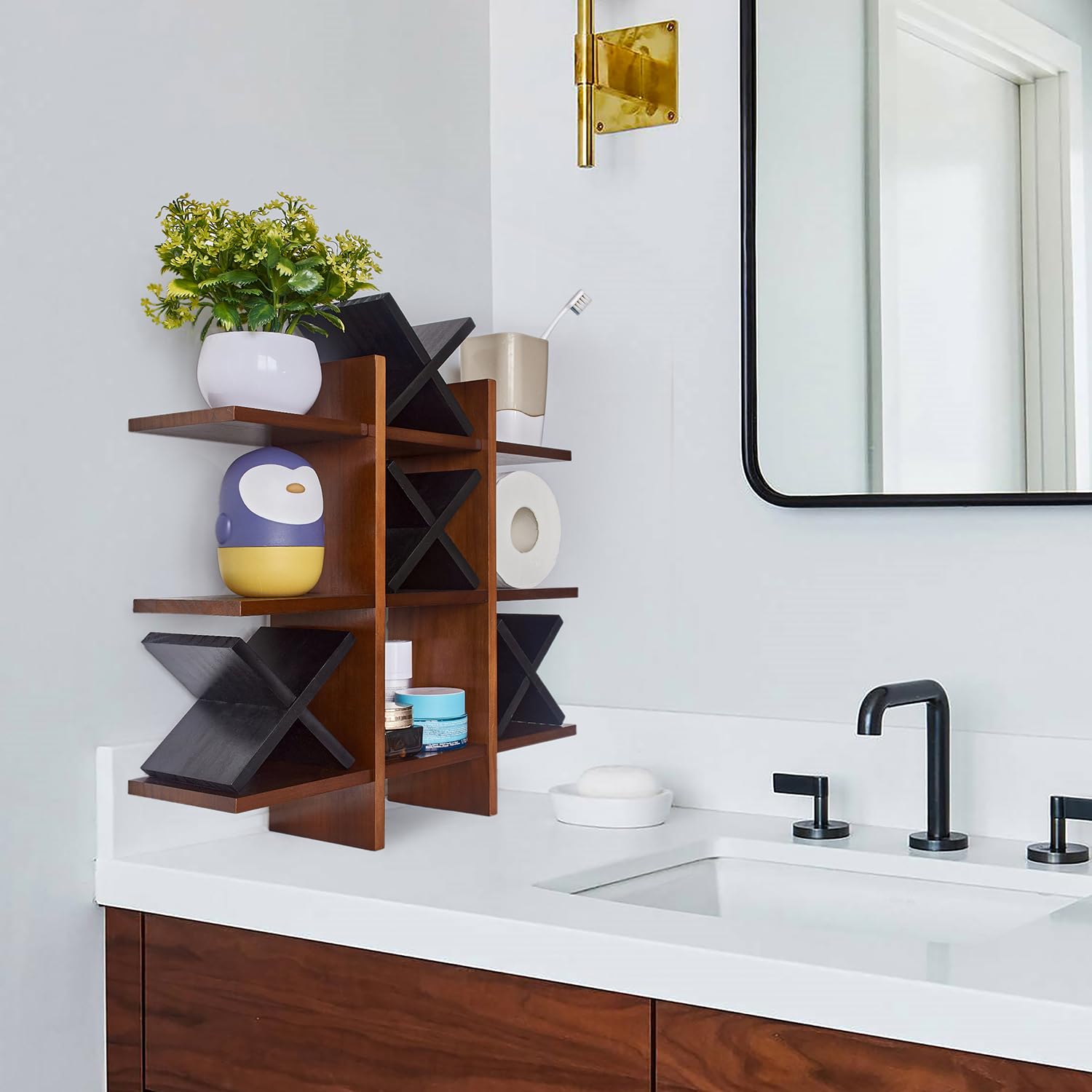 Daoyousky Tic Tac Toe Toilet Paper Holder Stand With 4Pcs Wooden X, Farmhouse Rustic Wall Mounted Funny Toilet Papers Storage Or