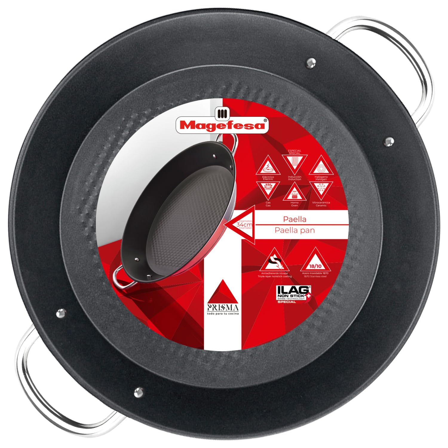 Magefesa Prisma - 13.4 Inches Paella Pan, Made Of 18/10 Stainless Steel, Triple Layer Non-Stick, For All Types Of Kitchens, Indu