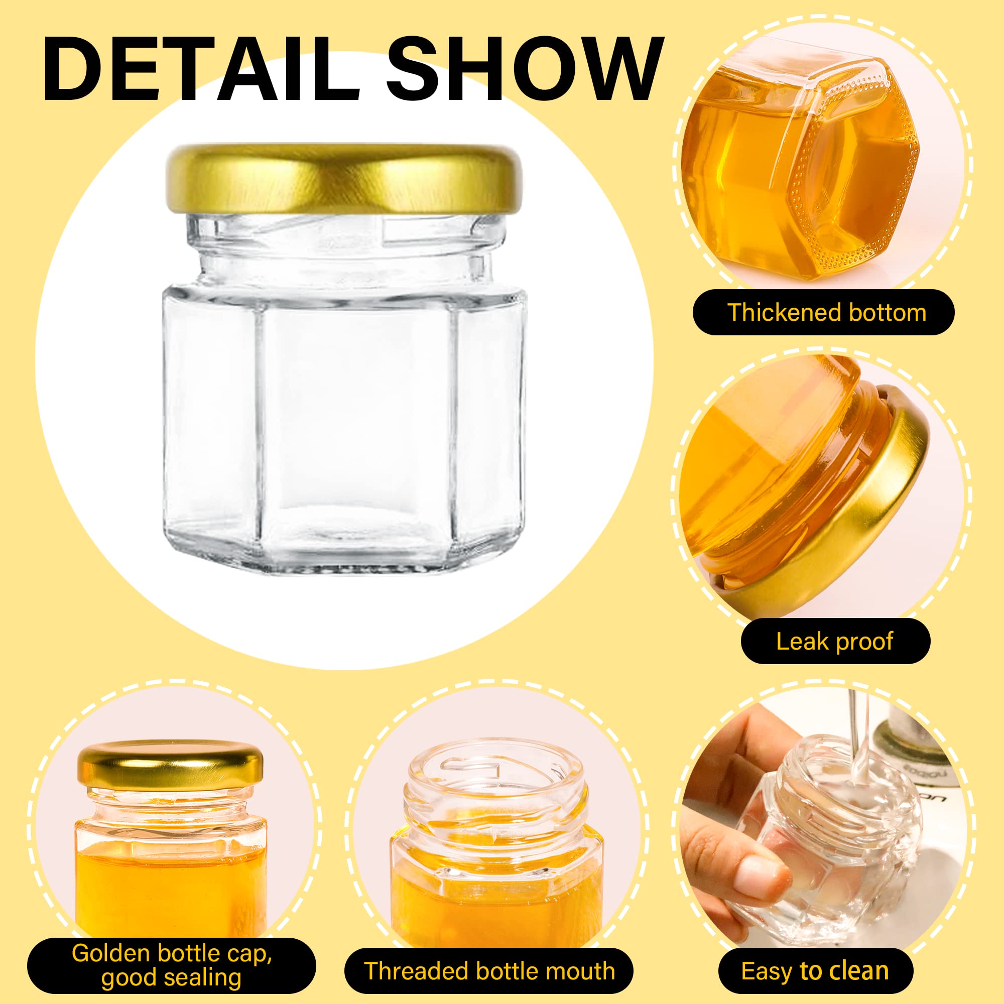 Givameihf Mini Glass Honey Jars-1.5 Oz,60Pcs Hexagon Honey Jars With Wood Dipper,Stickers,Bee Pendants,Tags,Rope,Small Honey Jar