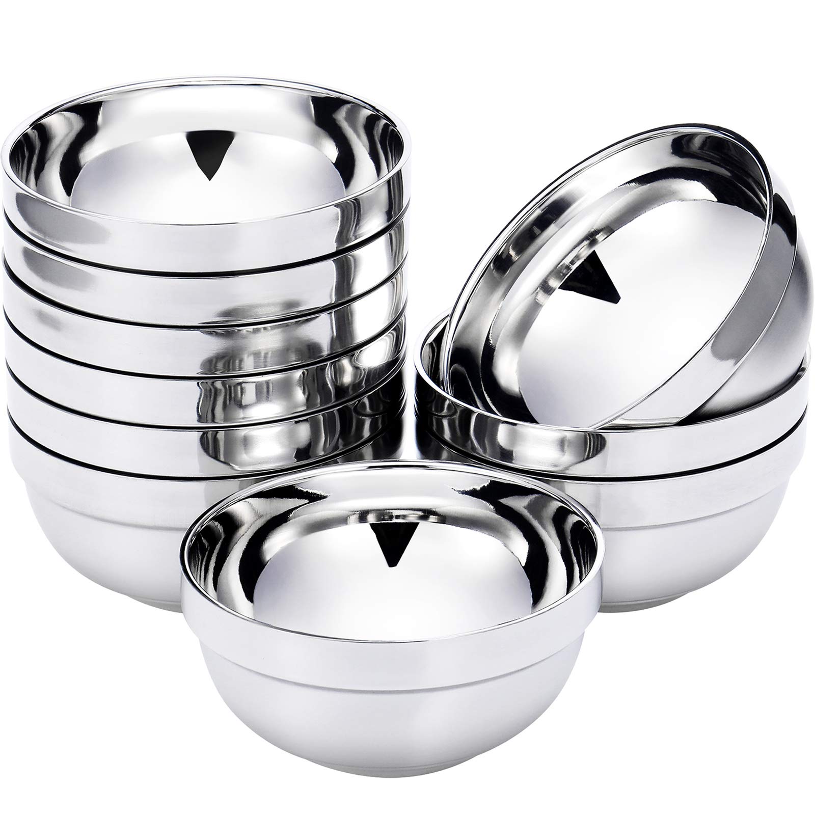 SATINIOR 10 Pack 201 Stainless Steel Bowls Double Walled Insulated for Kids and Adults Multipurpose for Sauces, Rice, Noodle, Ic