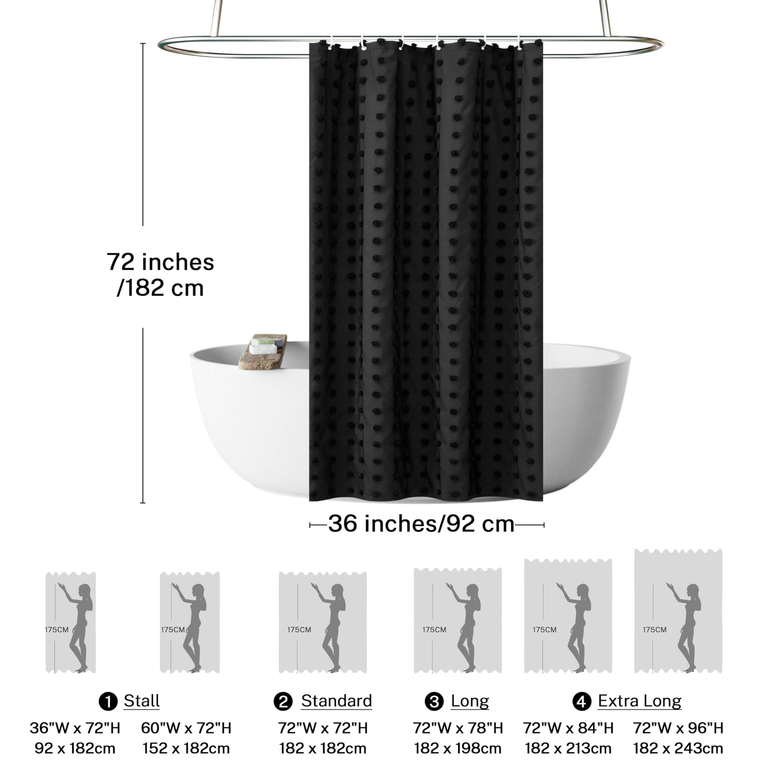 Siiluminisoy Small Stall Black Boho Shower Curtain Woven Fabric Cute Shower Curtain, 36 X 72 Tufted Pleat Floral Textured Modern