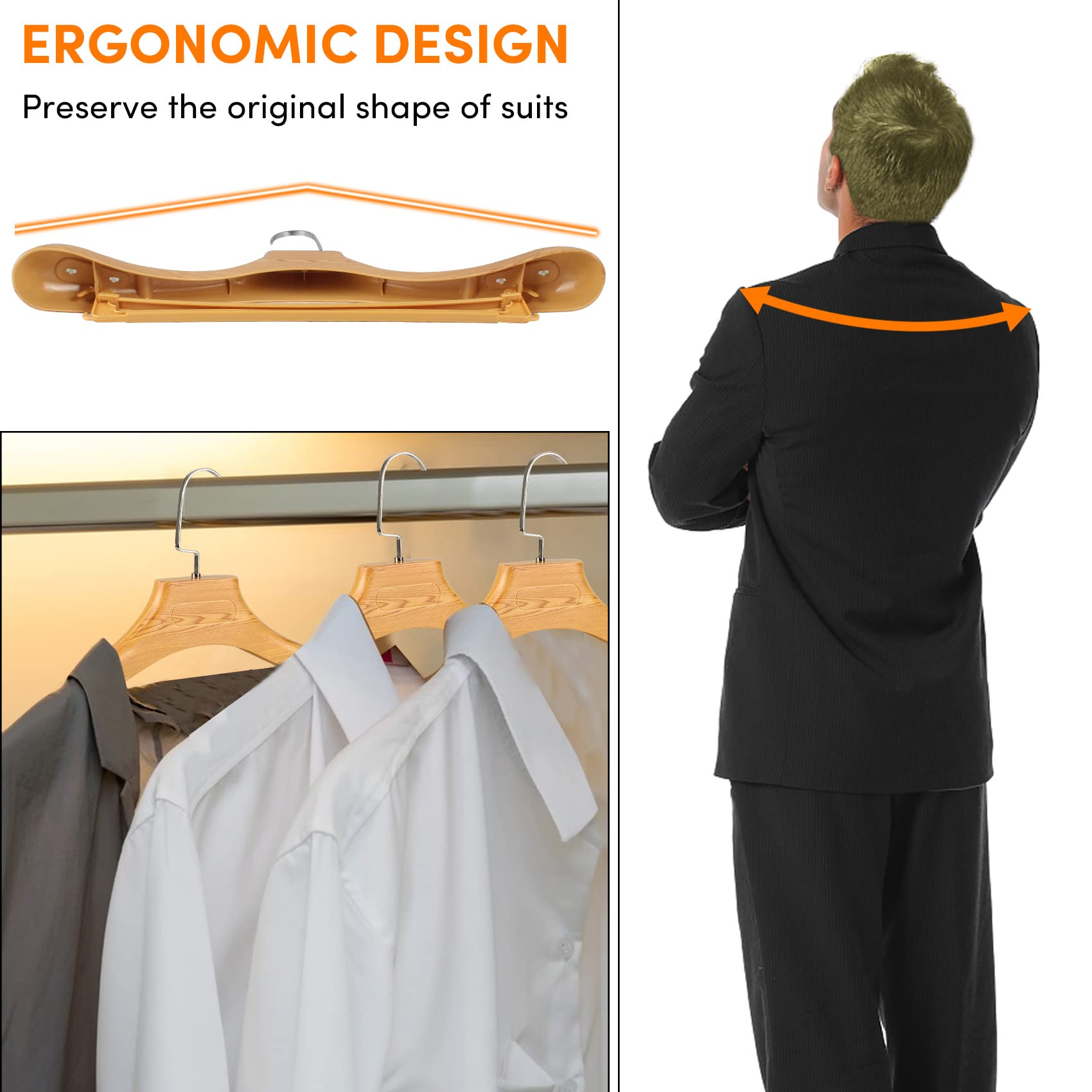 DEDU Plastic Extra Wide Shoulder Suit Hangers for men 20 Pack Width 17.5 ''  Sweater Hangers No Shoulder Bump Non Slip for Thick Sweaters  Clothes Hangers with Pants Bar 360? Swivel Metal Hook (Natural)