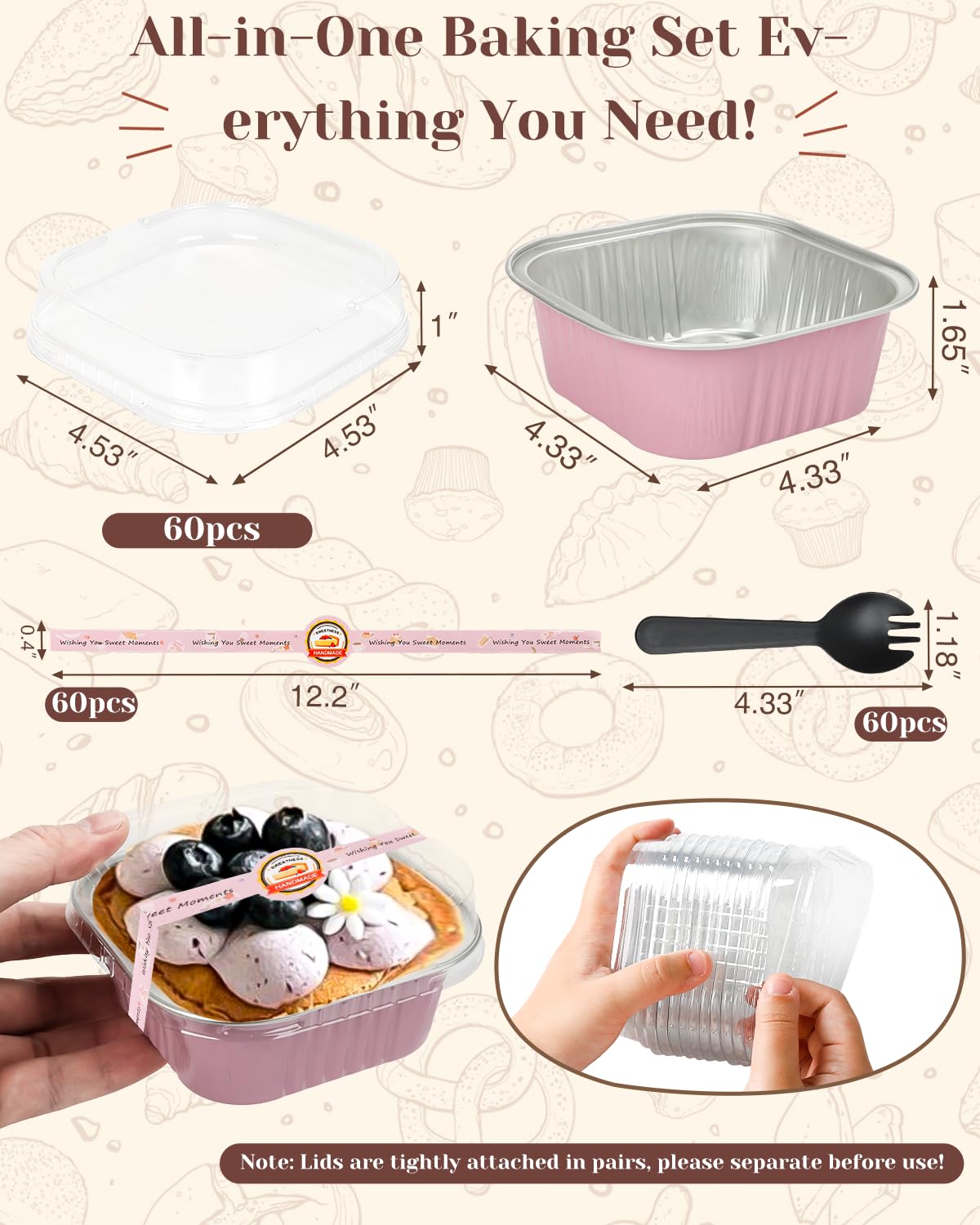 YQER 60 Pack 10oz Mini Cake Pans with Lids, Spoons, Stickers - Disposable Square Brownie Baking Cups - Individual Small Aluminum