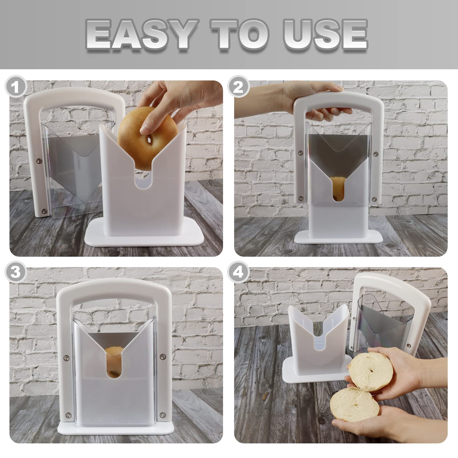 Bagel Slicer,Perfect For Bagels, Safe Grip, Guillotine Cutter, Safety Shield, Stainless Steel (White)