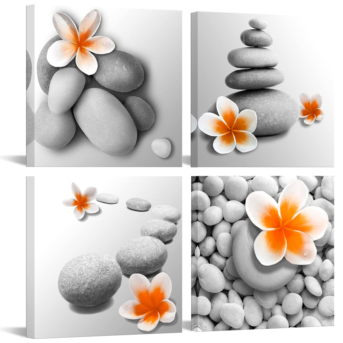 Iknow Foto Zen Stone With Orange Flower Wall Art, Framed Canvas Print For Relaxing Bathroom, Bedroom, Spa D  Cor, Tranquil Natur