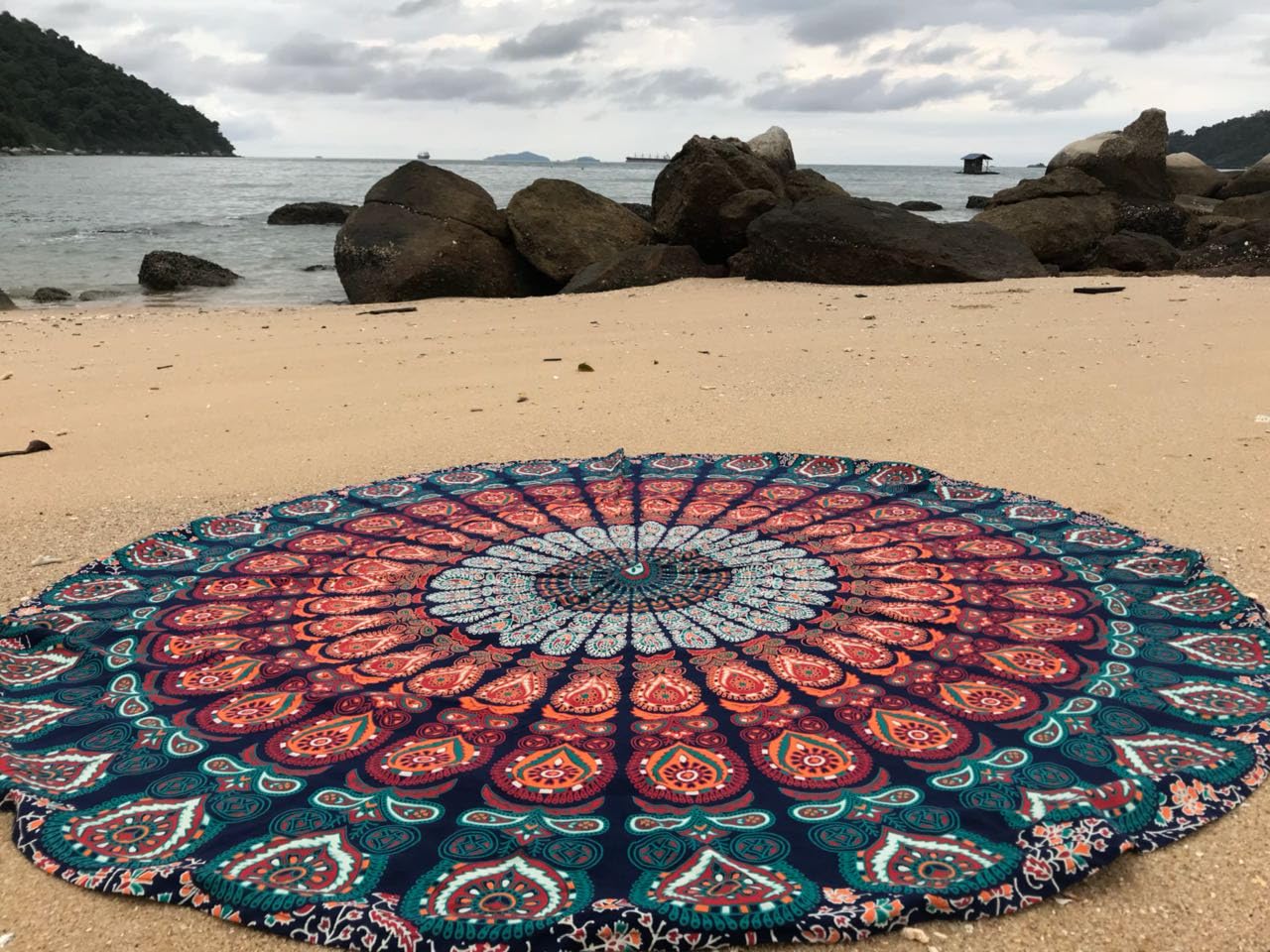 Raajsee Navy Blue Mandala Round Beach Tapestry Hippie/Boho Mandala Beach Blanket Roundie/Indian Cotton Throw Bohemian Round Tabl