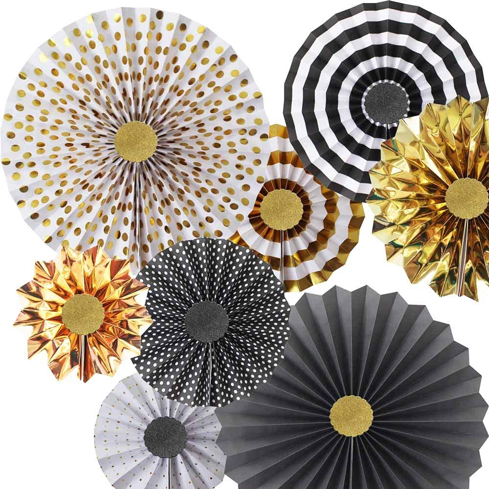 Hola Fiesta,Gold Black Paper Fans Flower For Halloween Party Decorations,Black2,Set Of 8