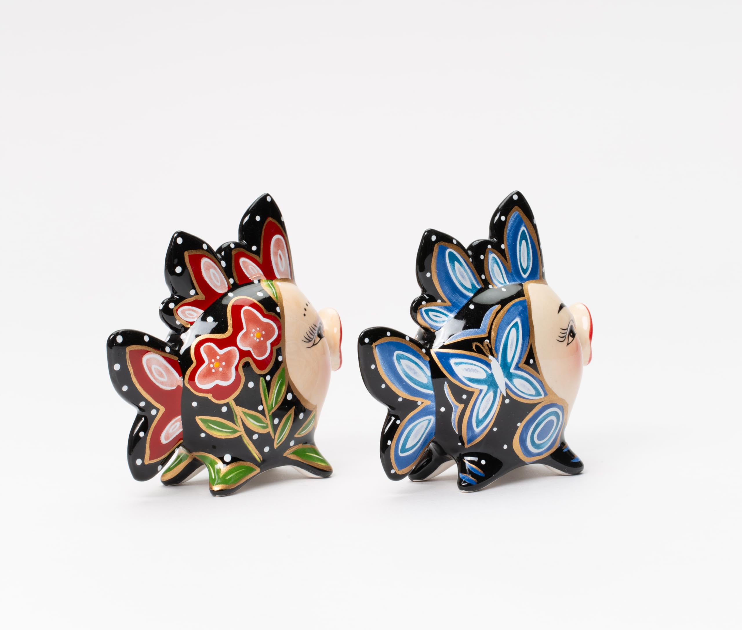 3.5 Inch Red And Blue Floral Kissing Fish Black Salt And Pepper