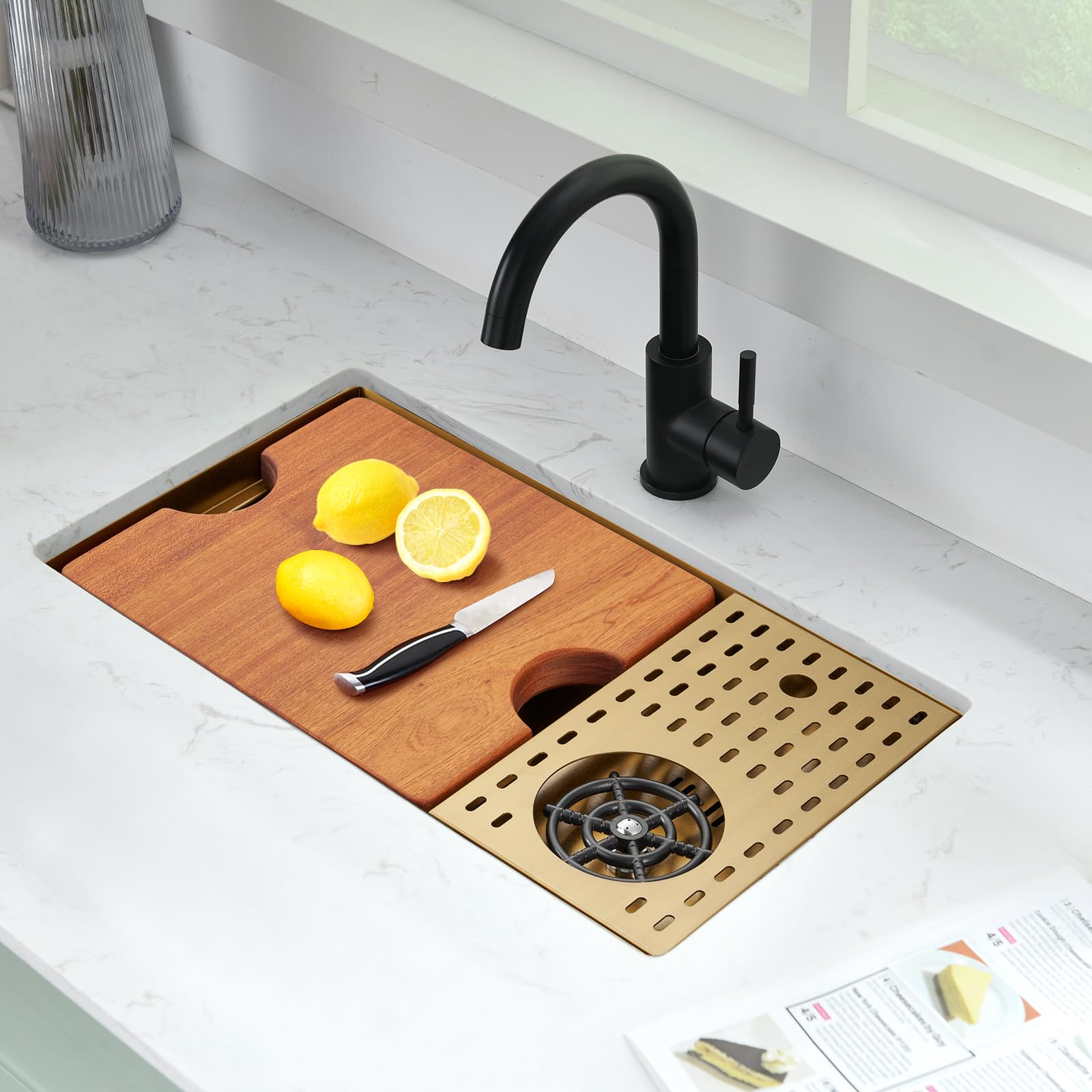 23 Inch Gold Undermount Bar Sink With Glass Rinser - Pepo 23X14X9 Inch Stainless Steel Undermount Workstation Sink Bar Prep Sink