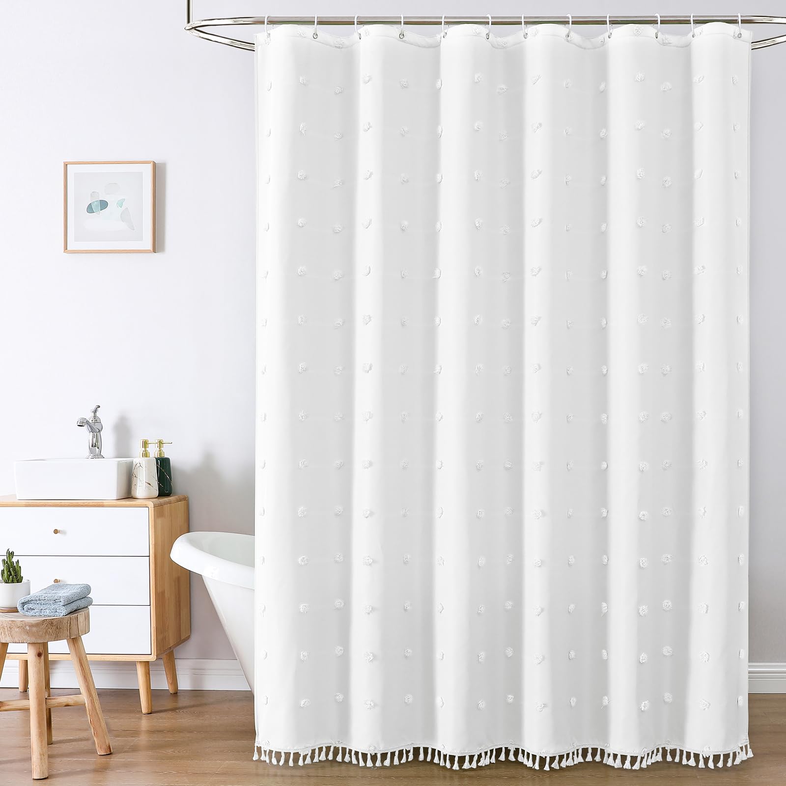Lilycat Boho Farmhouse White Fabric Shower Curtain, 72X72 Tufted Pleat Floral Puffs Textured Tassel Cute Rustic Vintage Shower C