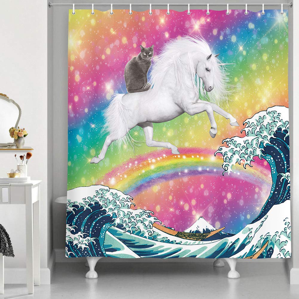 Jawo Funny Cat Shower Curtain, Cool Cat Riding Unicorn On Ocean Wave Colorful Bathroom Curtains, Rainbow Stars Kids Girls Shower