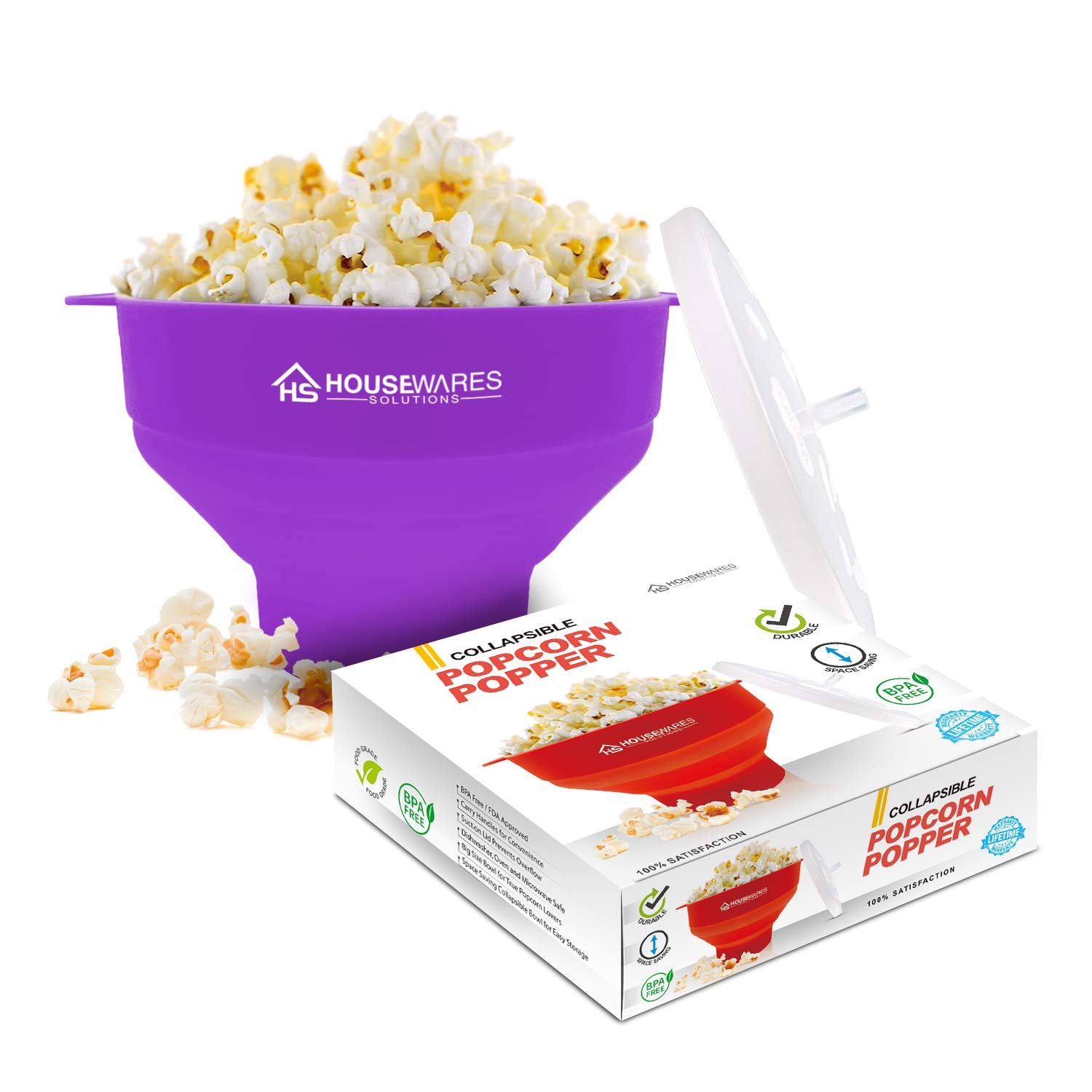 Collapsible Silicone Microwave Hot Air Popcorn Popper Bowl With Lid And Handles (Purple)