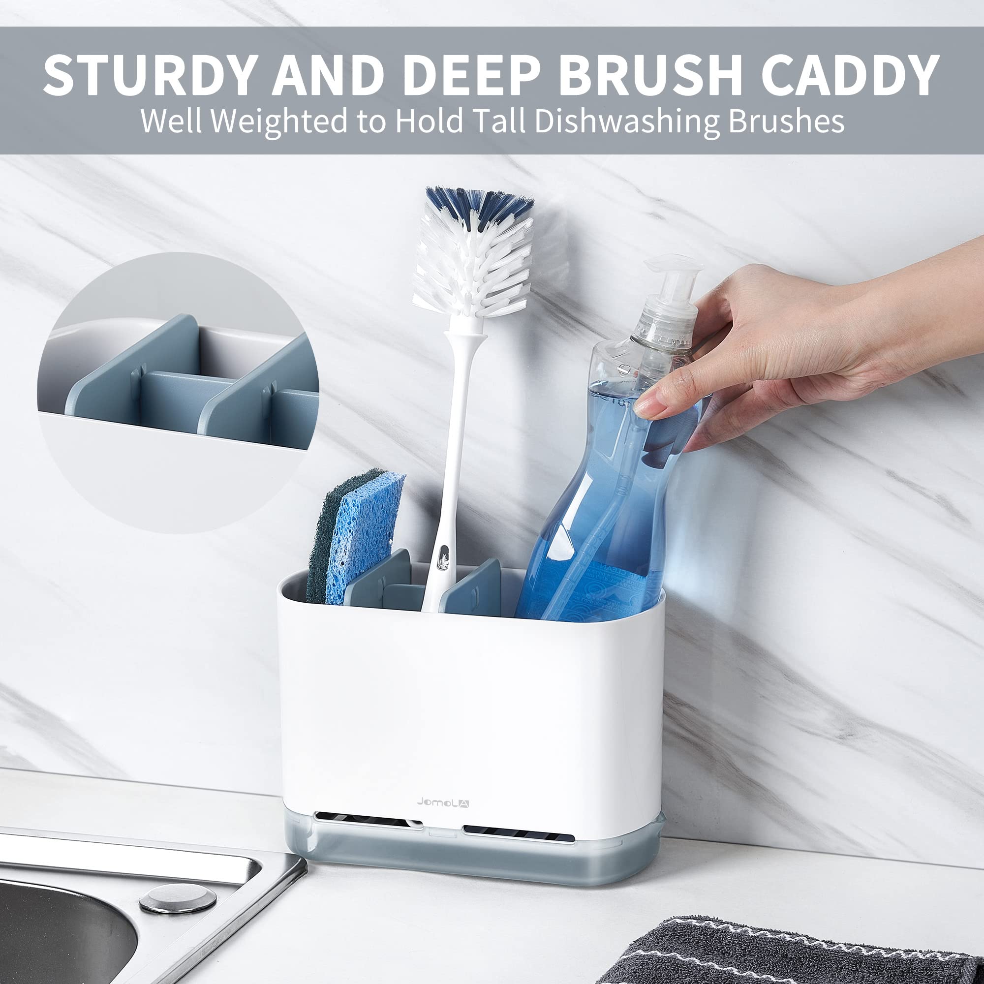 Jomola Dish Brush Caddy For Kitchen Sink Toothbrush Holders For Bathrooms Sink Sponge Holder Kitchen Counter Scrub Soap Brush Or