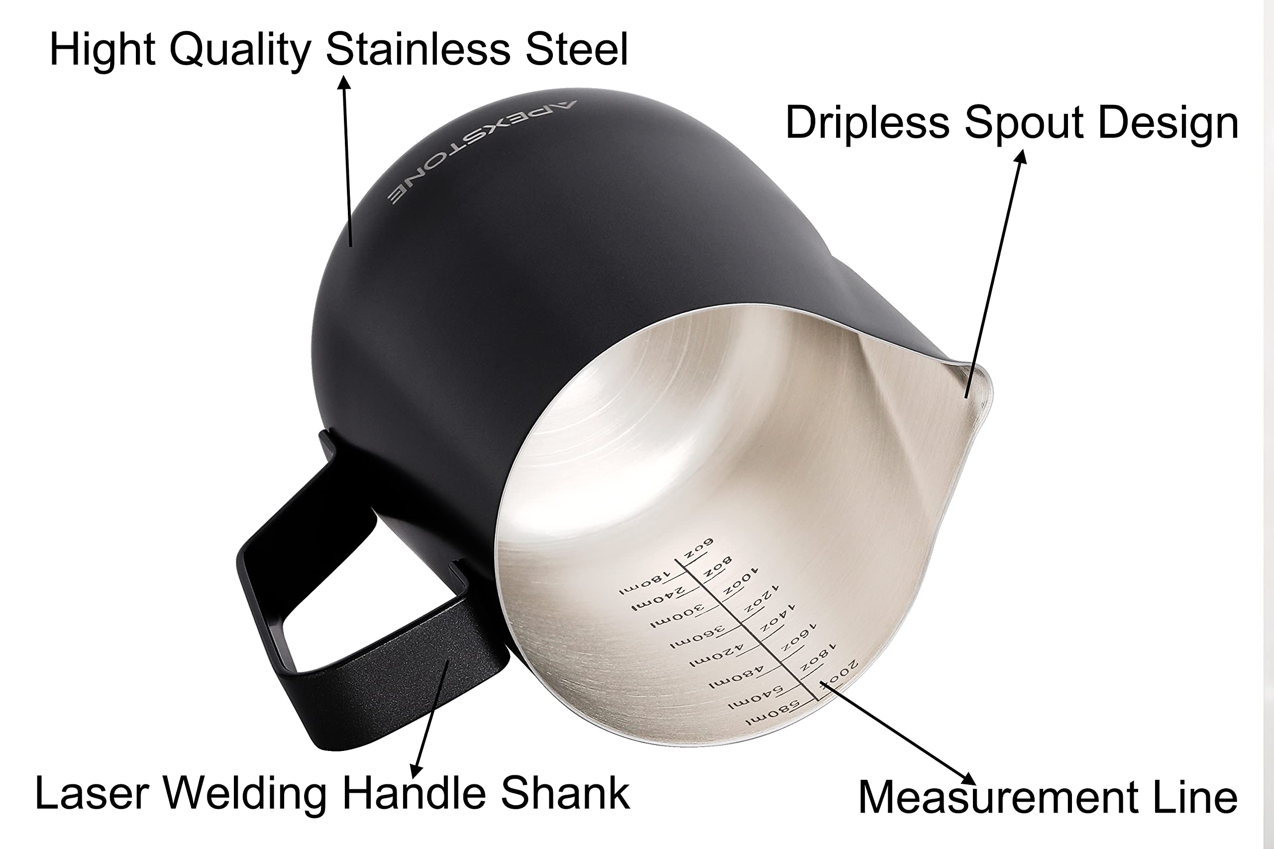 Apexstone 20 oz Black Espresso Steaming Pitcher  Espresso Milk Frothing Pitcher 20 oz Black  Coffee Milk Frothing Cup  Coffee Steaming Pitcher 20 oz/600 ml