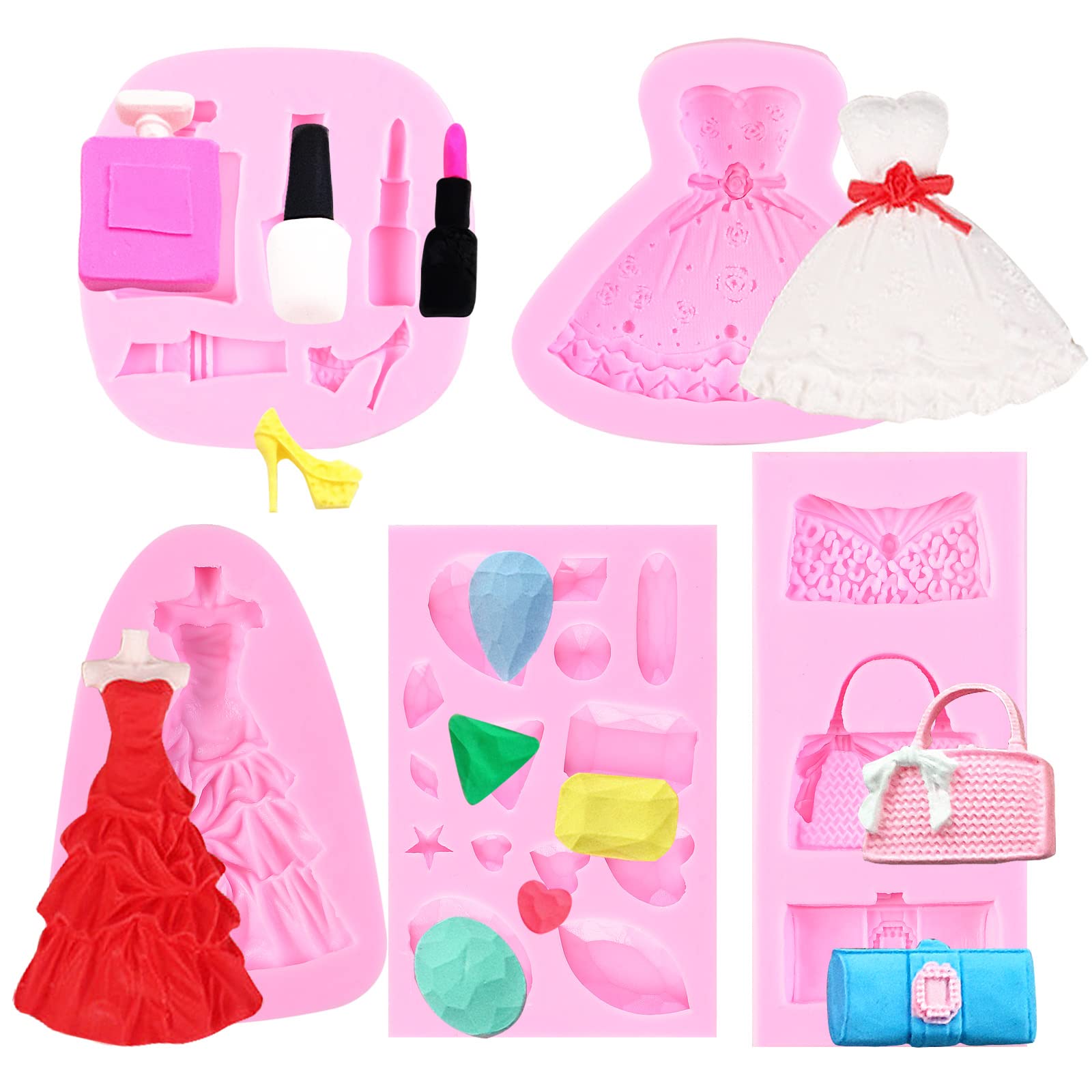 Makeup Fondant Molds, Gem High Heel Candy Chocolate Lipstick Cake Decoration Silicone Molds (5Pack) For Queen Theme Party, Princ