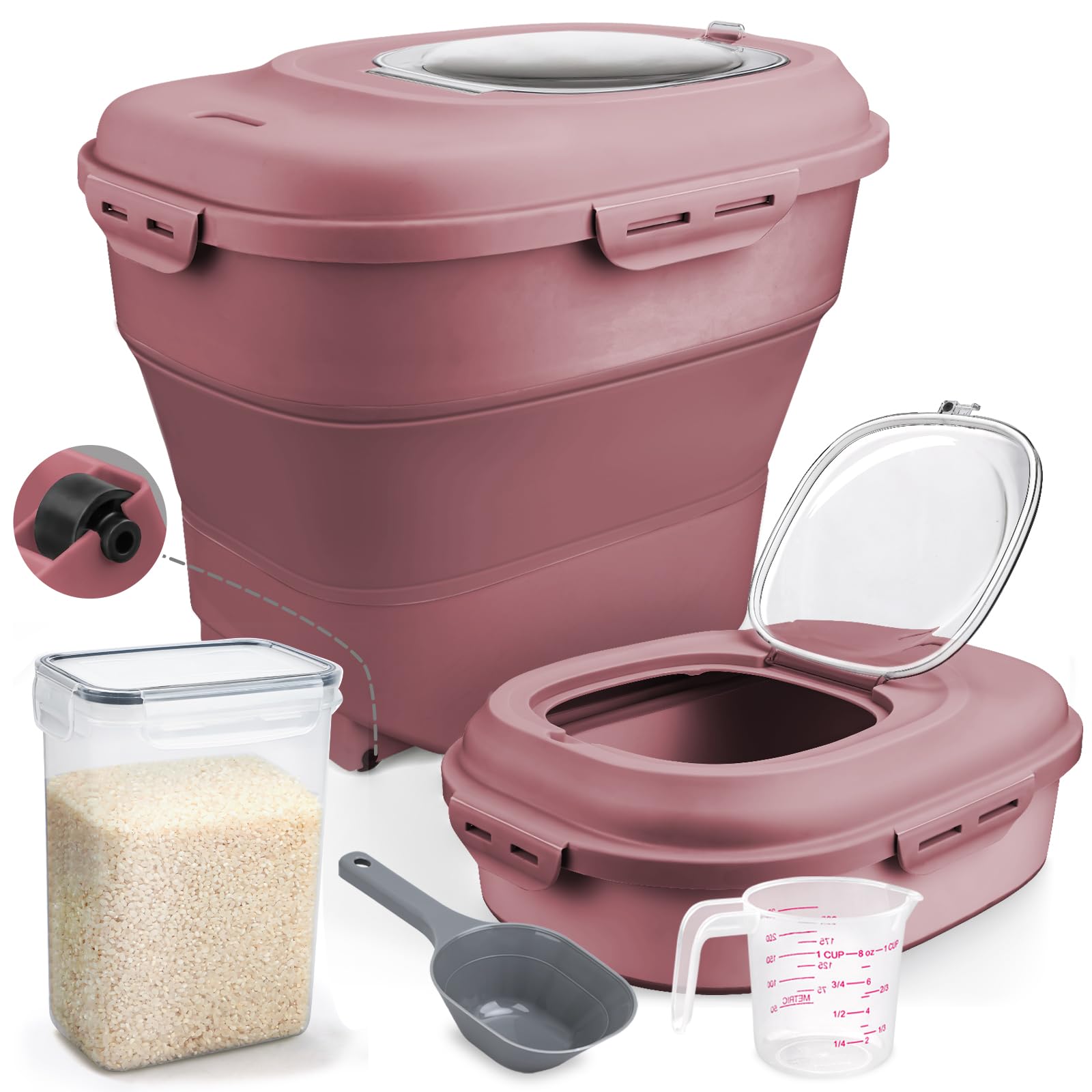 Komzon Rice Storage Bin Cereal Containers, 1350lb Collapsible Rice Container Dispenser with Transparent Lid, Rolling Wheels, Me