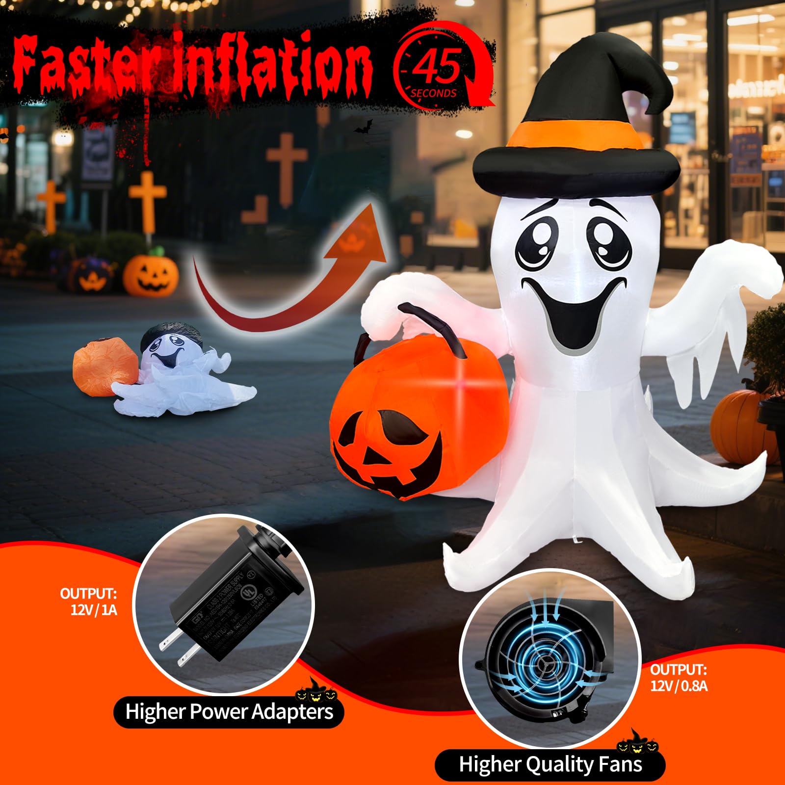 ?2025 Latest Release? Halloween Inflatables Ghost Outdoor Decorations 5FT Ghost Pumpkin Inflatable with Build-in 2 LED Ghost Blo