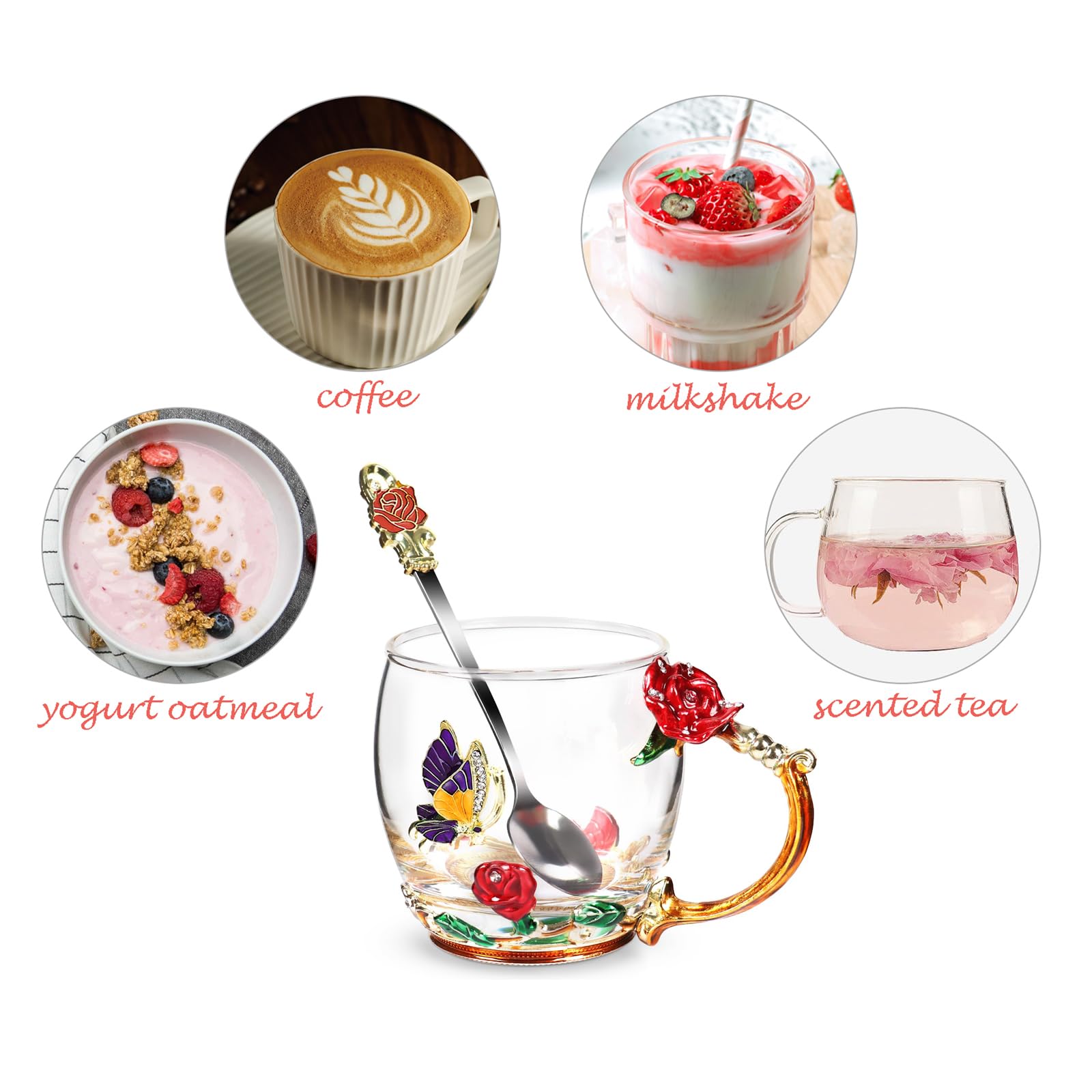 Flower Tea Cup ,Butterfly Rose Clear Glass Fancy Coffee Mug with Spoon,Gift Box for Her Mom Wife Grandma Girls Friends Valentine