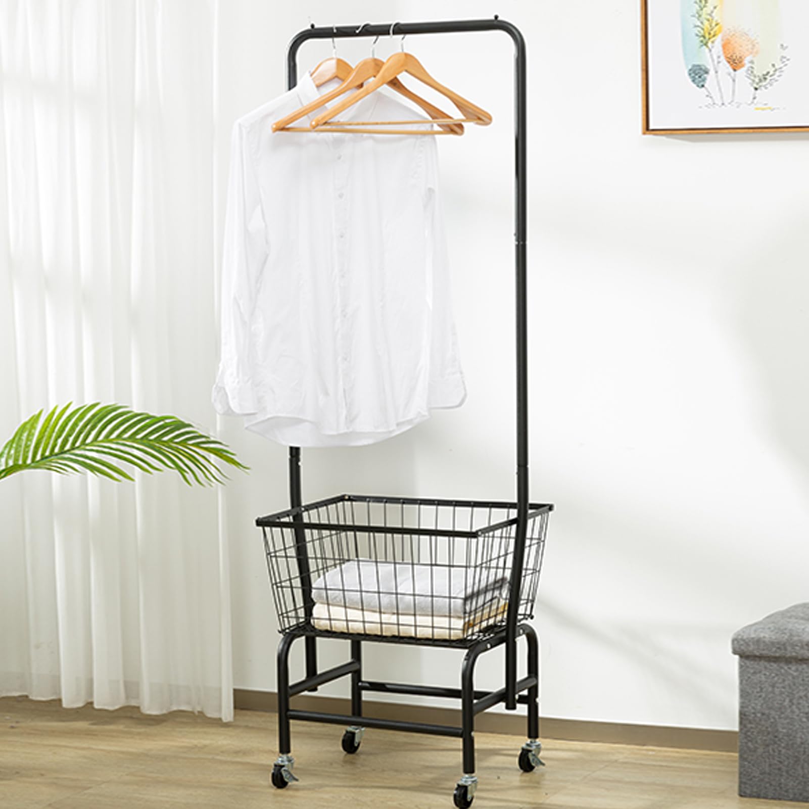 Alimorden Laundry Cart With Clothes Rack, Rolling Laundry Butler With Wire Storage Rack,Black