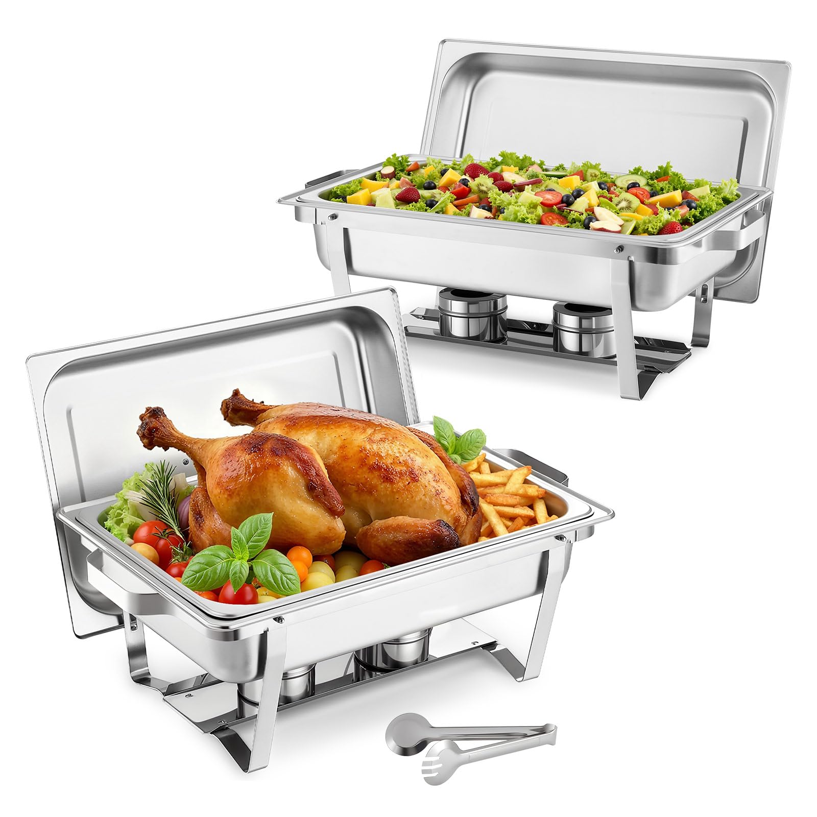 VEVOR Rectangle Chafing Dishes, 9 Qt 2 Pack Stainless Steel Chafing Dish, Food Warmer Chafer Complete Set with Hollow Handle, 1 
