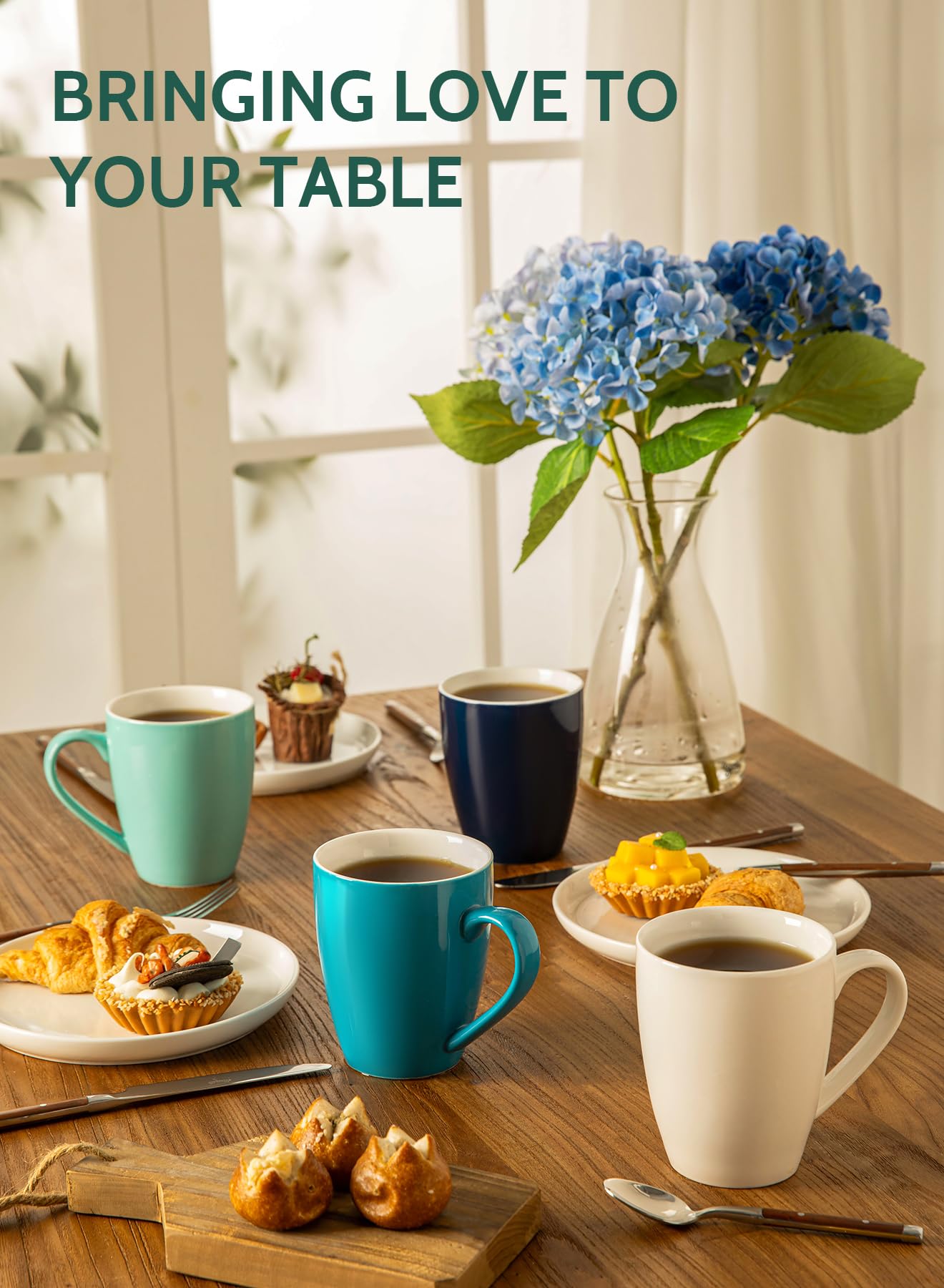 Sweese Porcelain Coffee Mugs - 16 Ounce - Set Of 6, Cups For Latte, Hot Tea, Cappuccino, Mocha, Cocoa, Multicolor, Blue Assorted