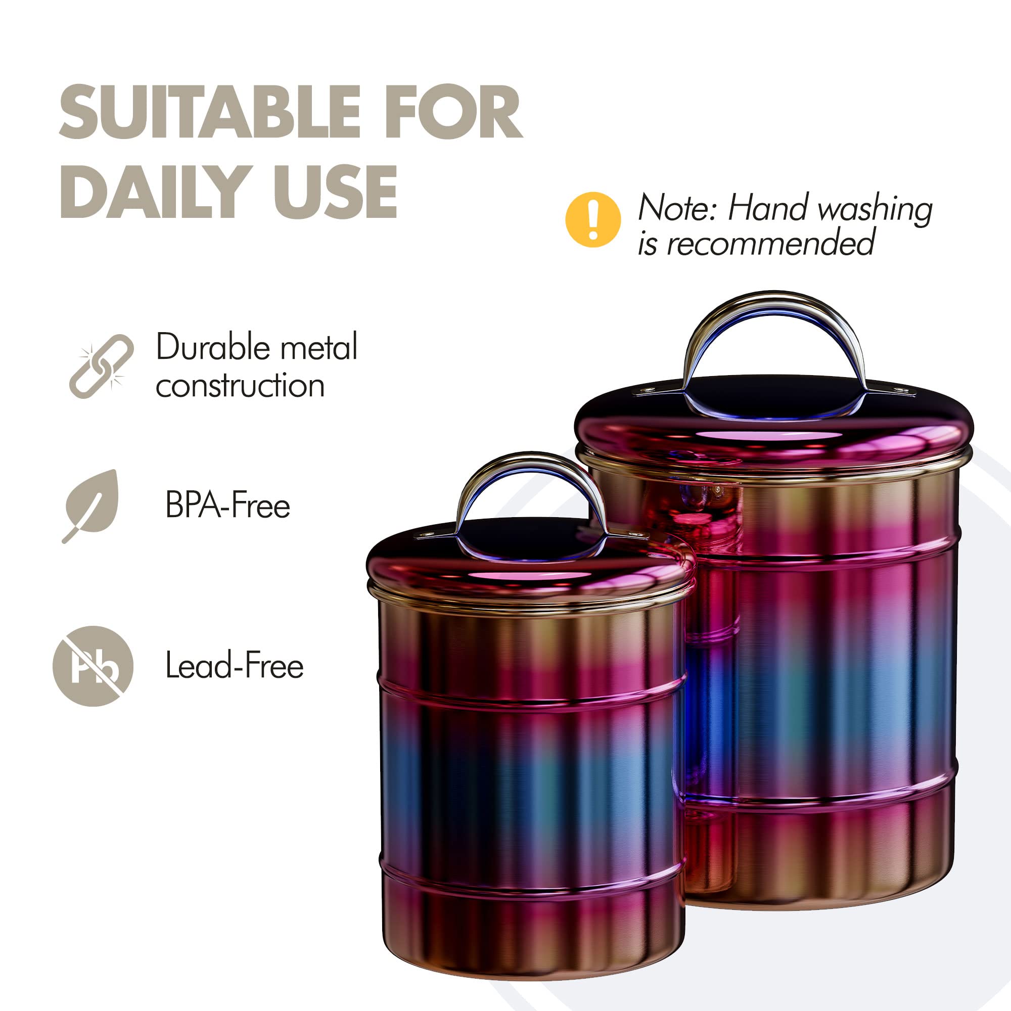 Amici Home Rainbow Metal Storage Canister | Set Of 2 | Airtight Lid | 38 & 64 Ounce Capacity | Modern Home D  Cor | Decorative M
