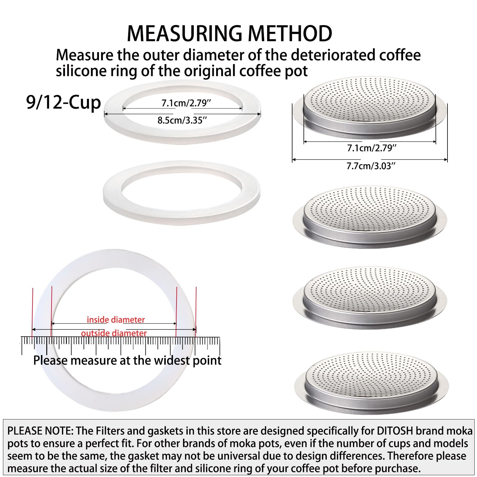 Ditosh 2 Pcs Filter With 4 Pcs Silicone Gasket Seals For 9/12 Cup Stovetop Espresso Coffee Maker Replacement Parts For Big Tummy