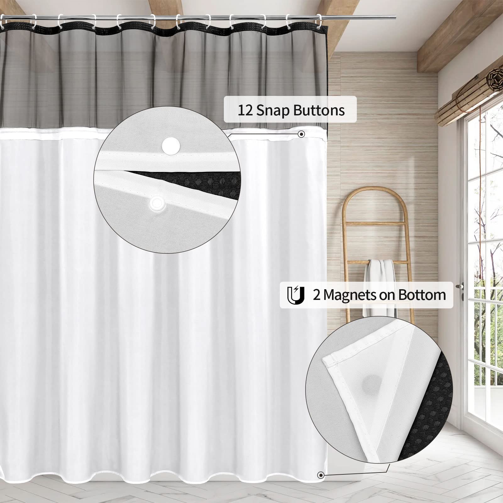 MitoVilla Black Waffle Shower Curtain Set with Snap-in Liner  Modern Waffle Weave Fabric Shower Curtain  Luxury Heavyweight Cloth Shower Curtain for Neutral Hotel & Spa Bathroom Decor  72 x 72