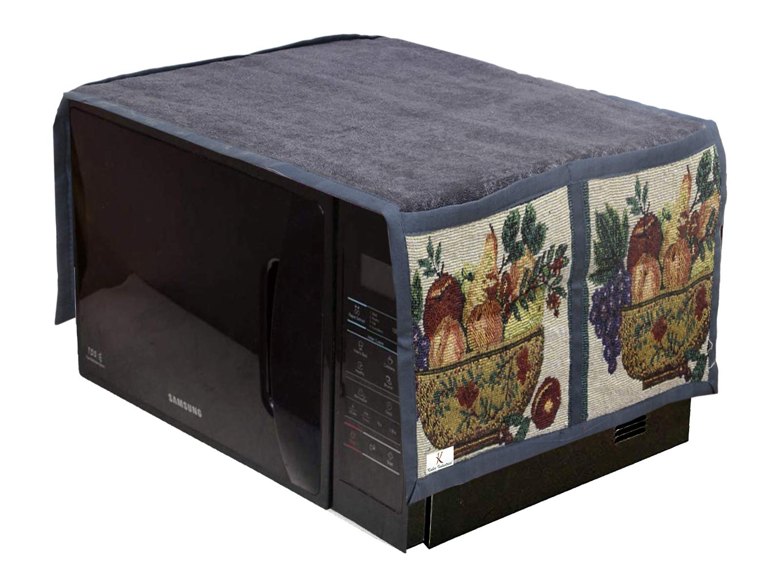 Kuber Industries Velvet Microwave/Oven Top Cover With 4 Utility Pockets 30 Ltr (Grey)-Kubmart11844 (Kubmart011844)