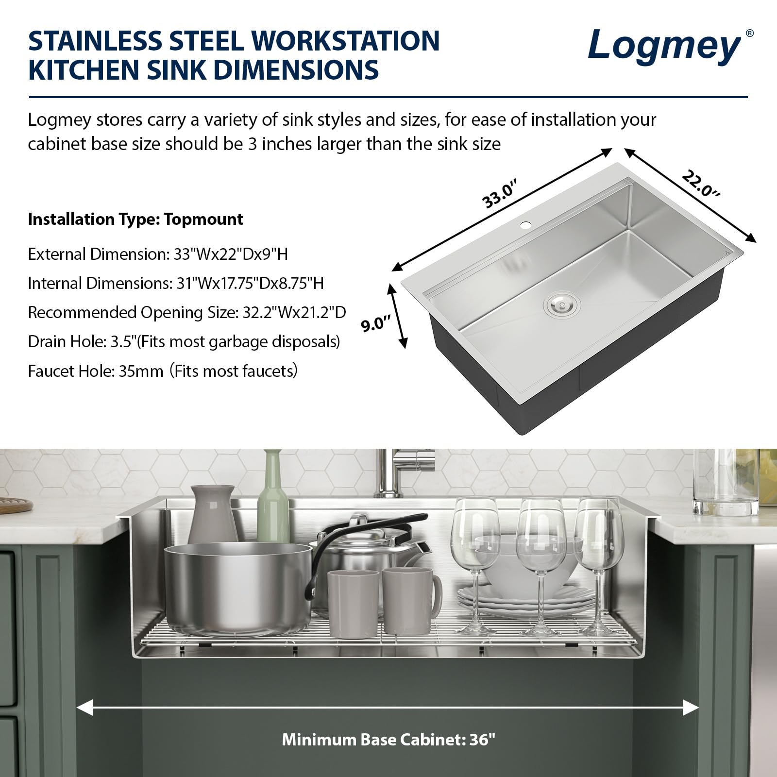 Logmey 33 Drop In Kitchen Sink 33X22 Inch Workstation Sink16 Gauge Stainless Steel Drop In Ledge Workstation Sink Single Bowl To