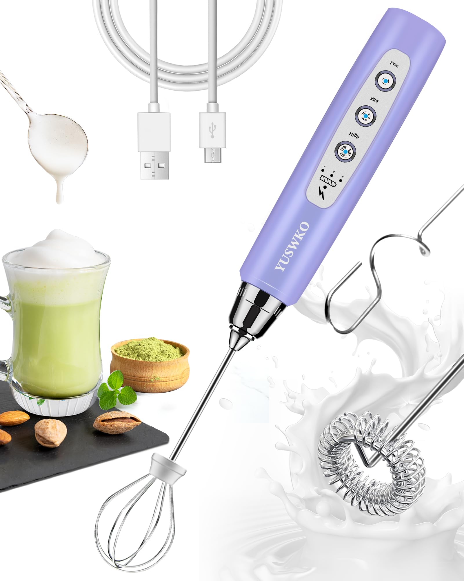 Yuswko Handheld Milk Frother For Coffee, Rechargeable Drink Mixer With 3 Heads 3 Speeds Electric Whisk Coffee Frother For Latte,