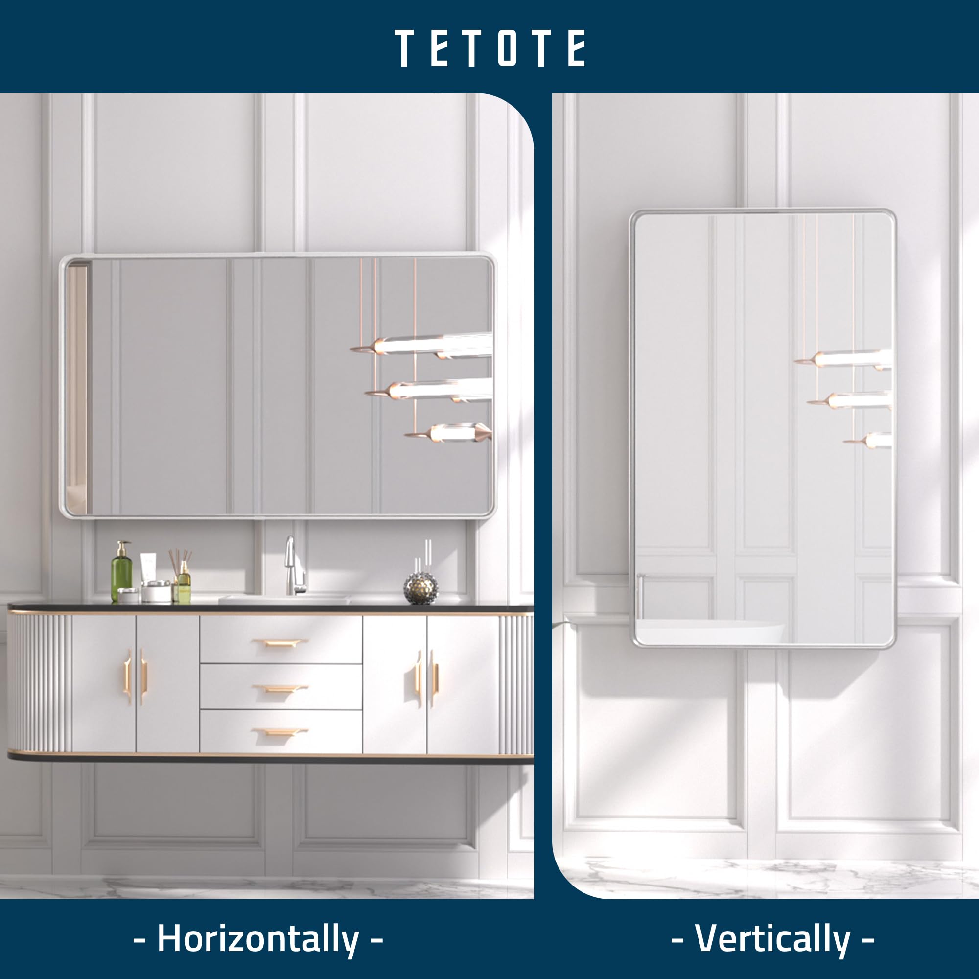 Tetote Silver Framed Bathroom Mirror, 40 X 24 Inch Matte Metal Frame Vanity Mirror, Modern Farmhouse Wall Mounted Rectangle Mirr