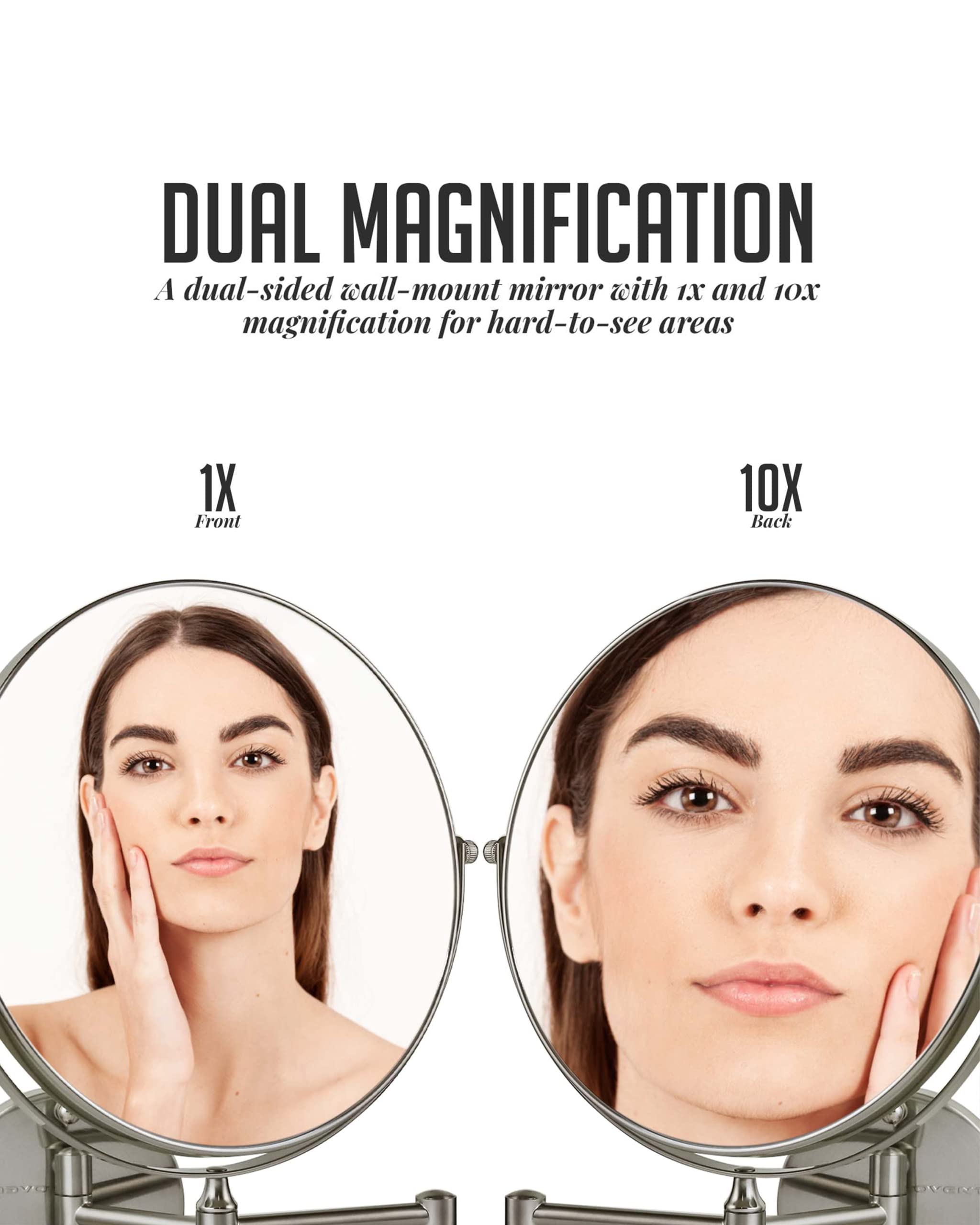 Ovente 9'' Wall Mount Makeup Mirror, 1X & 10X Magnifier, Adjustable Spinning Double Sided Round Reflection, Extend, Retractable