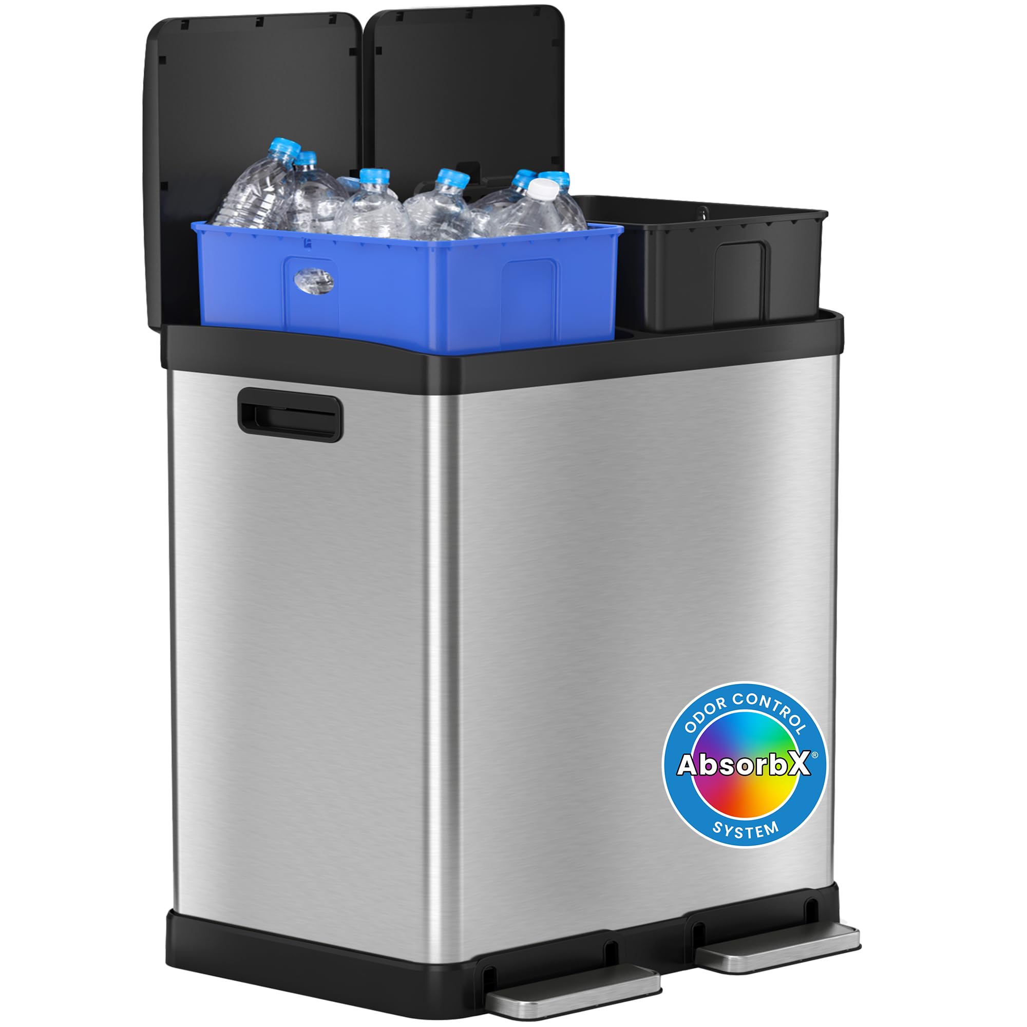 Itouchless 16 Gallon Dual Trash Can And Recycling Bin For Kitchen With Odor Filters, 2 X 8-Gal (30L) Inner Buckets, Airtight Lid