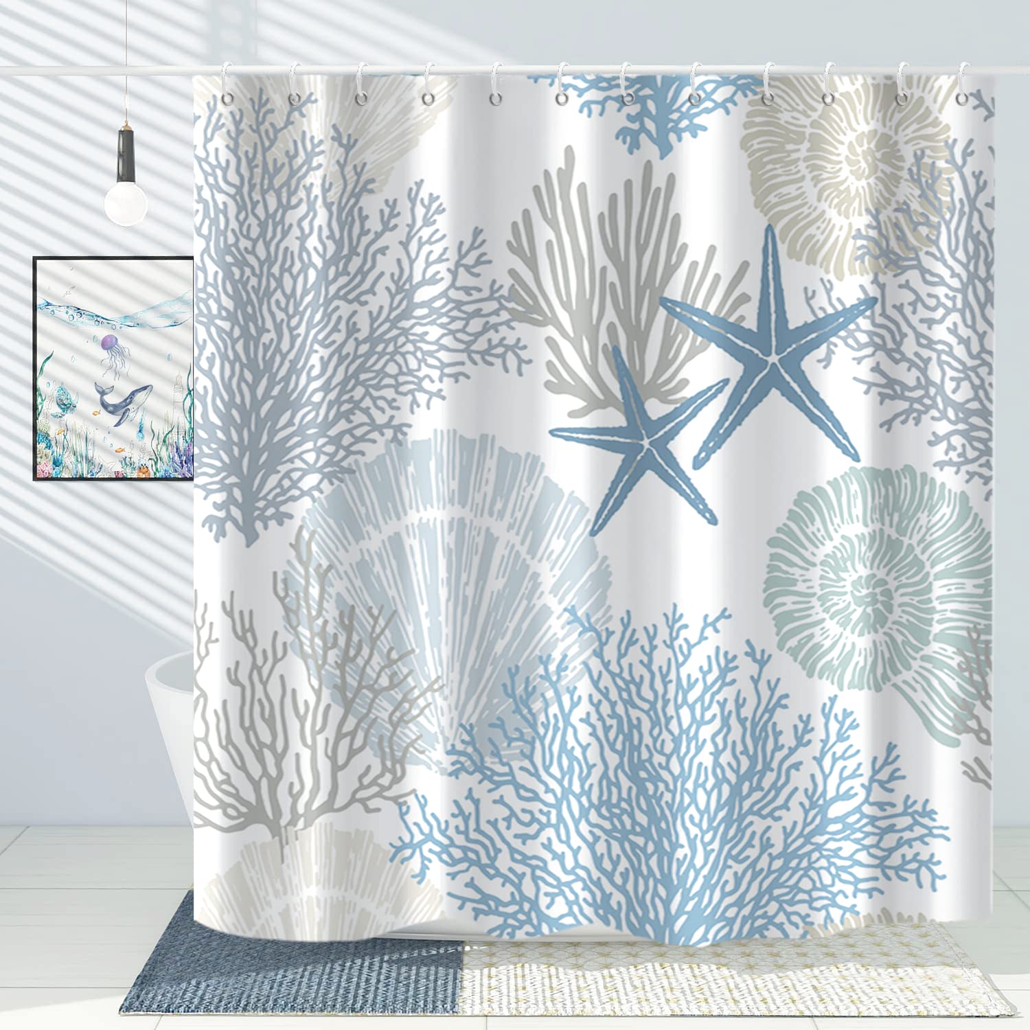 Gkleasg Nautical Beach Shower Curtain, Blue Tropical Coral Ocean Seashell Starfish Machine Washable Waterproof Fabric For Bathro